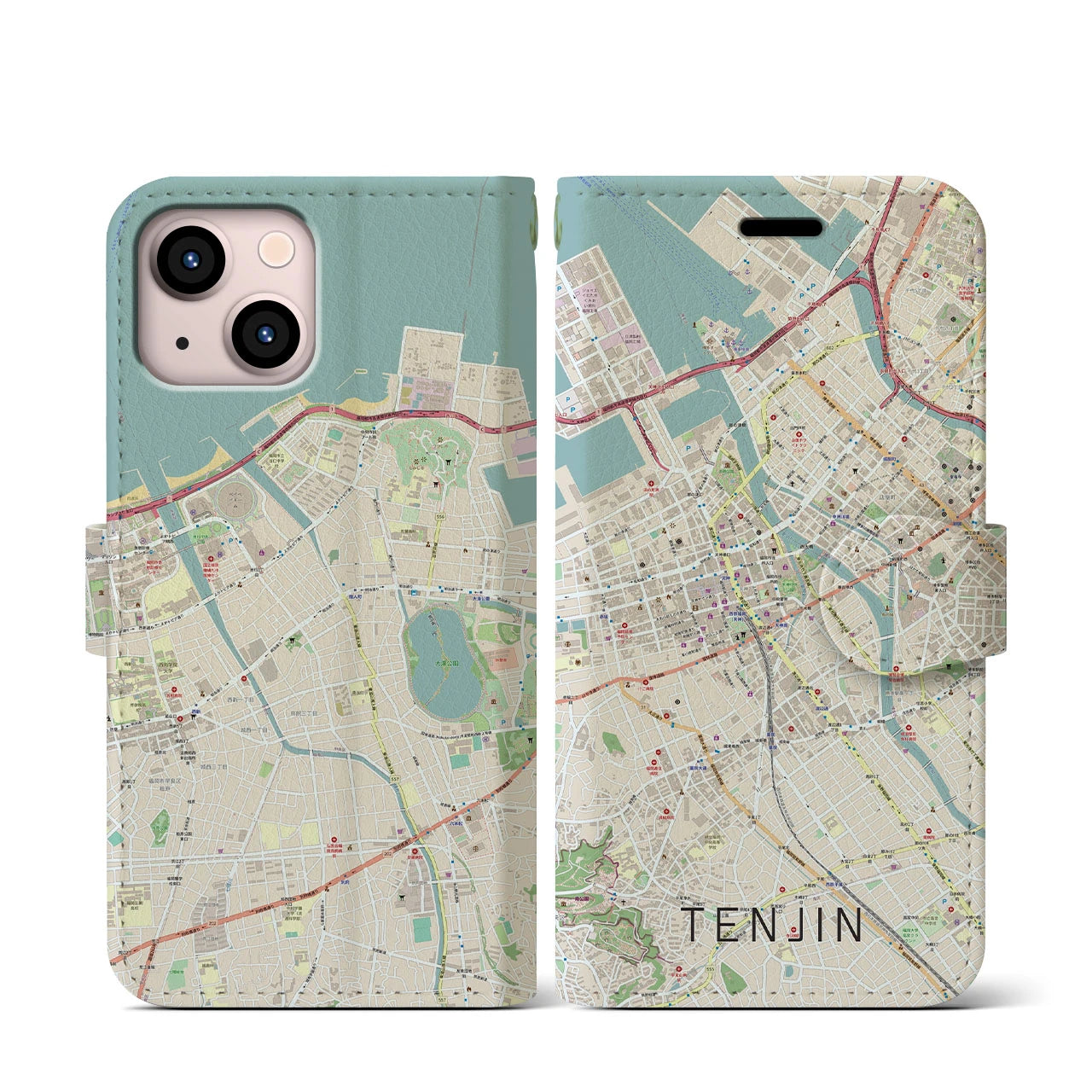 【天神(福岡県)】地図柄iPhoneケース(手帳タイプ)ナチュラル・iPhone 13 mini 用