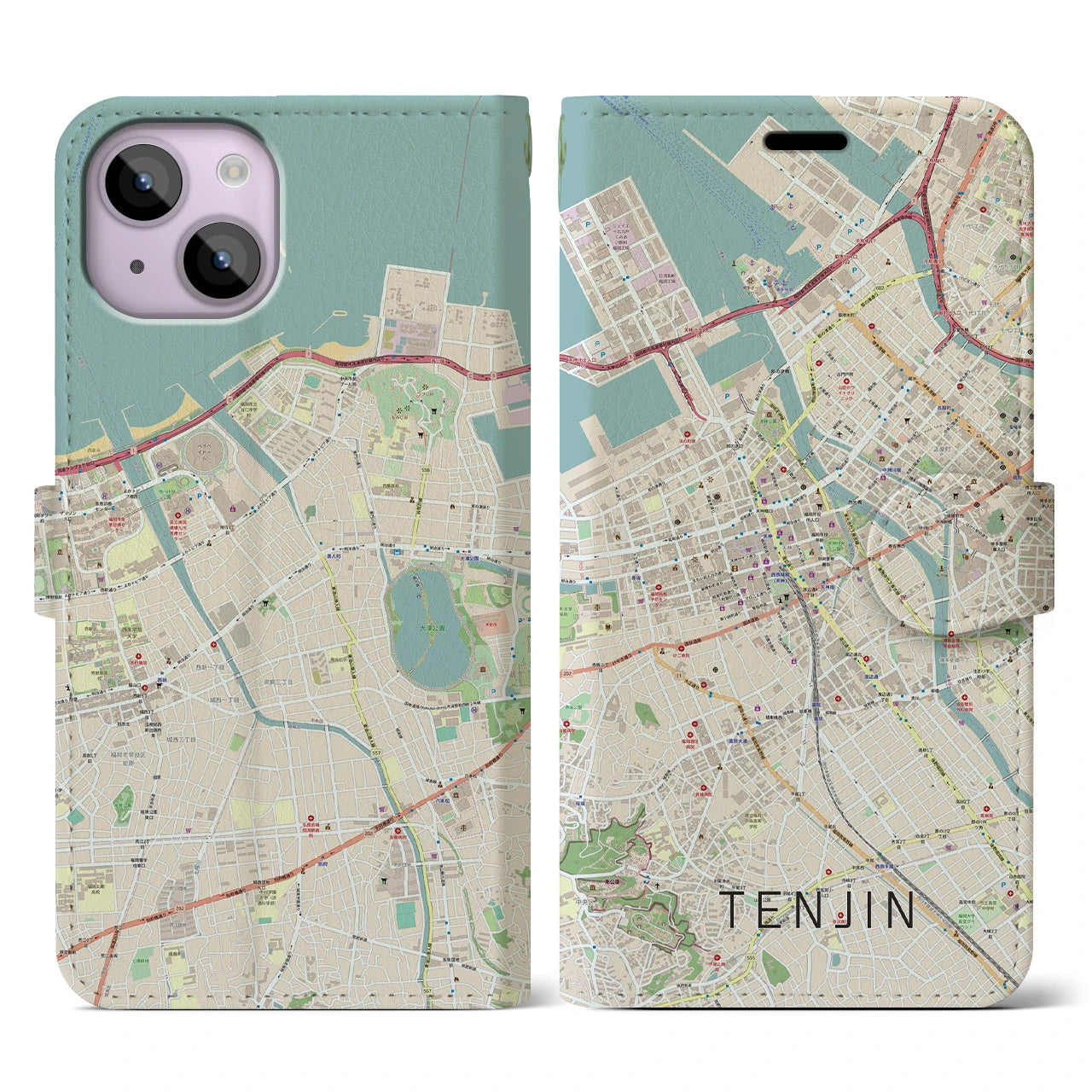 【天神(福岡県)】地図柄iPhoneケース(手帳タイプ)ナチュラル・iPhone 14 用