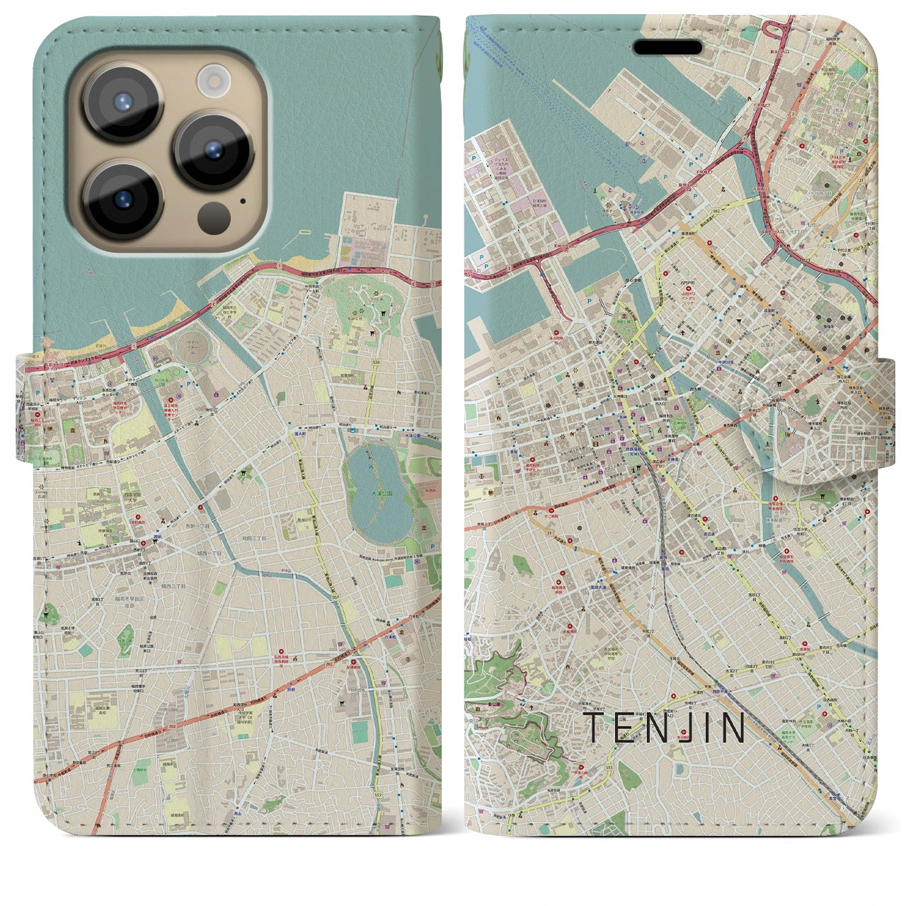 【天神(福岡県)】地図柄iPhoneケース(手帳タイプ)ナチュラル・iPhone 14 Pro Max 用