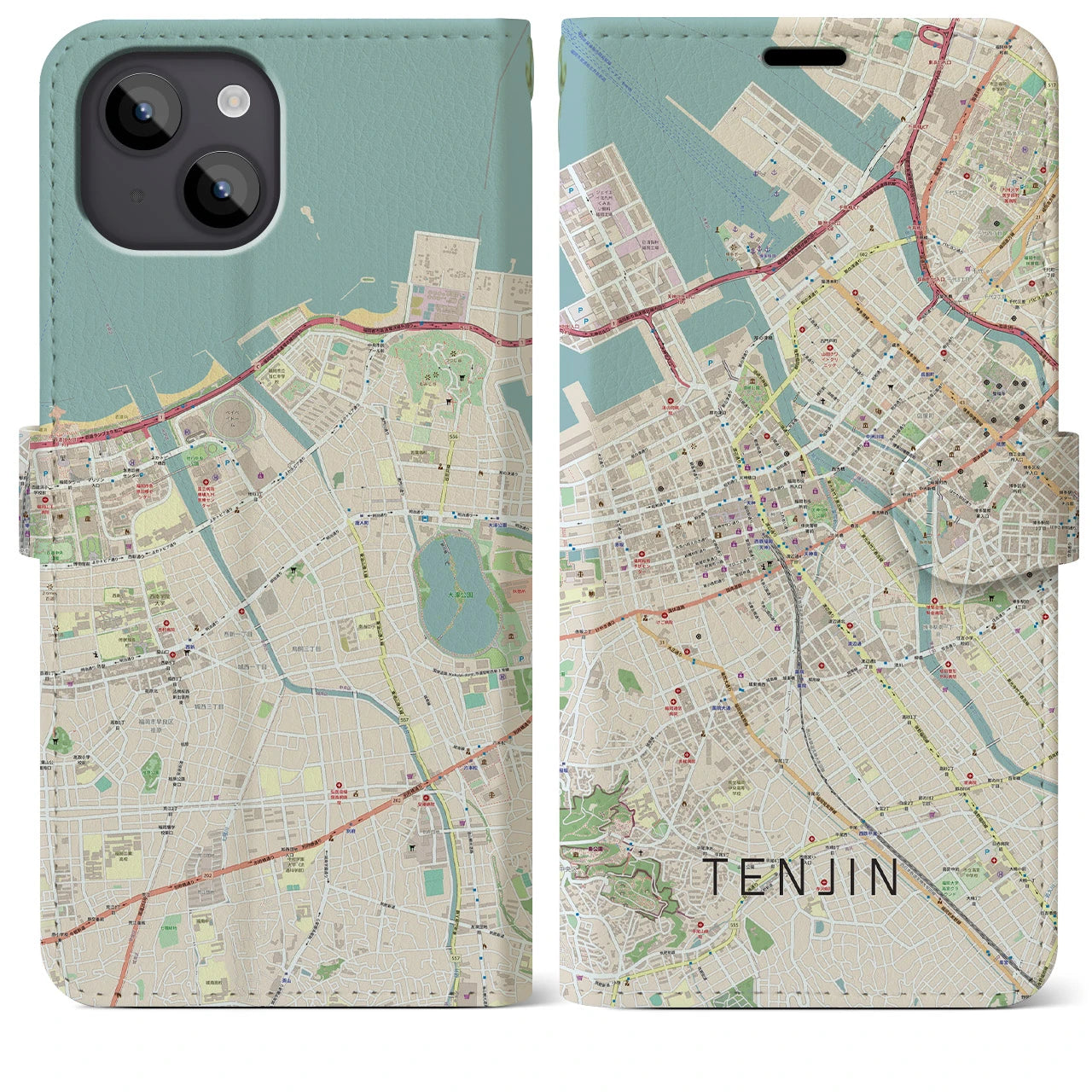 【天神(福岡県)】地図柄iPhoneケース(手帳タイプ)ナチュラル・iPhone 14 Plus 用