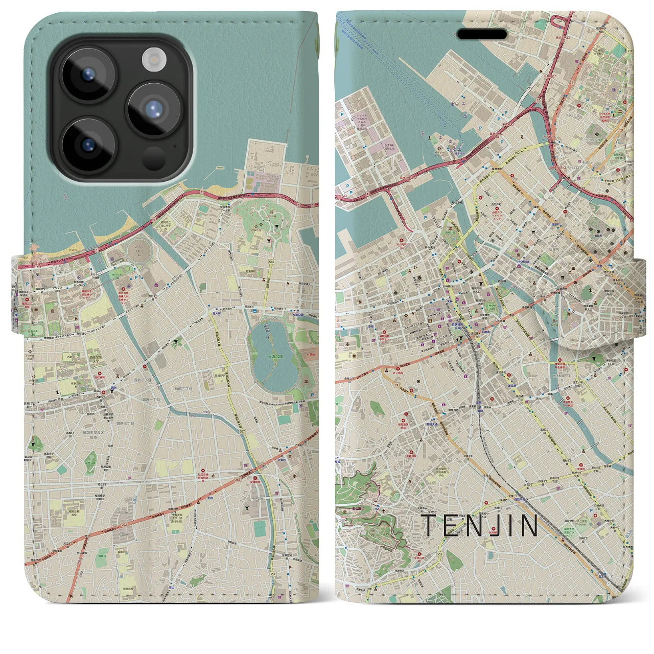 【天神(福岡県)】地図柄iPhoneケース(手帳タイプ)ナチュラル・iPhone 15 Pro Max 用