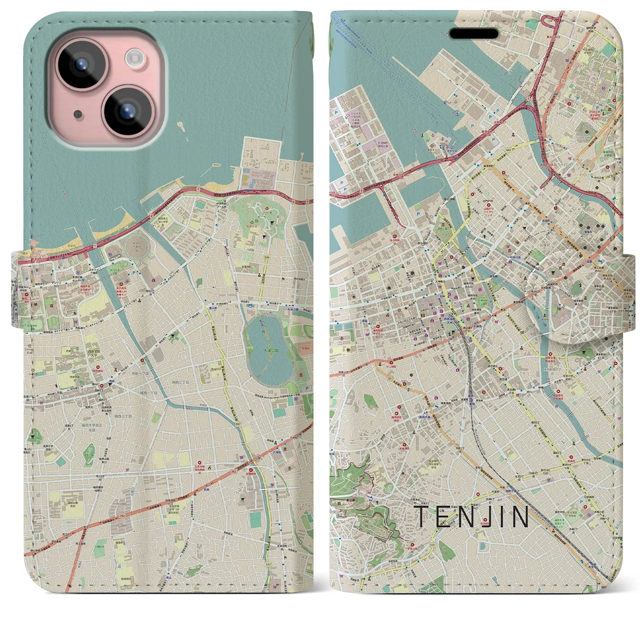【天神(福岡県)】地図柄iPhoneケース(手帳タイプ)ナチュラル・iPhone 15 Plus 用