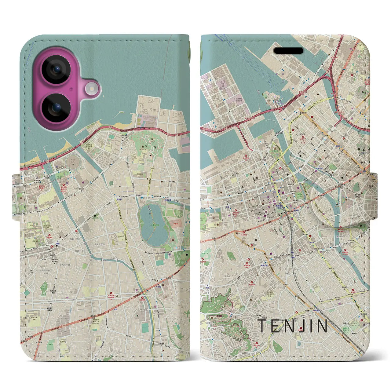 【天神(福岡県)】地図柄iPhoneケース(手帳タイプ)ナチュラル・iPhone 16 Pro 用