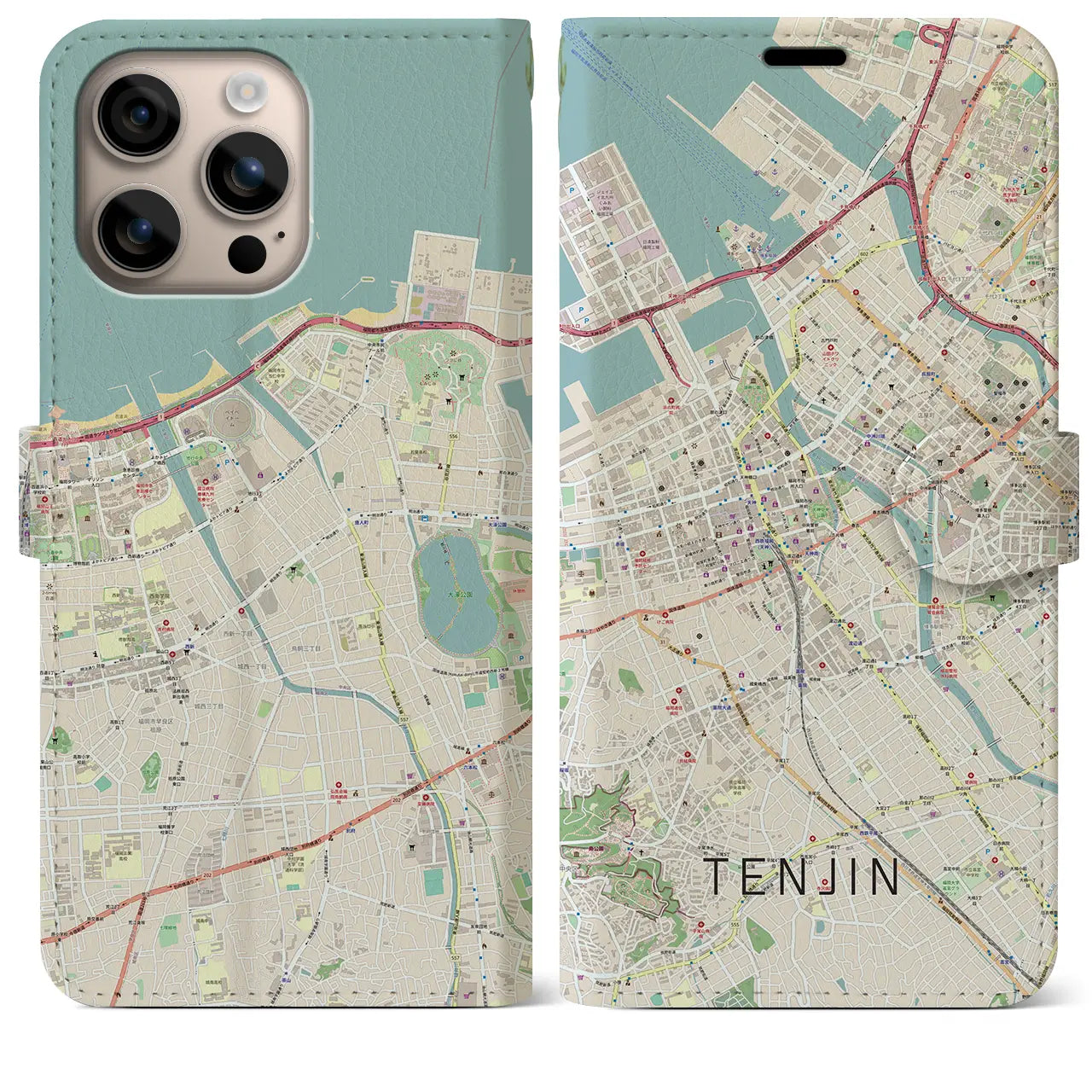 【天神(福岡県)】地図柄iPhoneケース(手帳タイプ)ナチュラル・iPhone 16 Plus 用