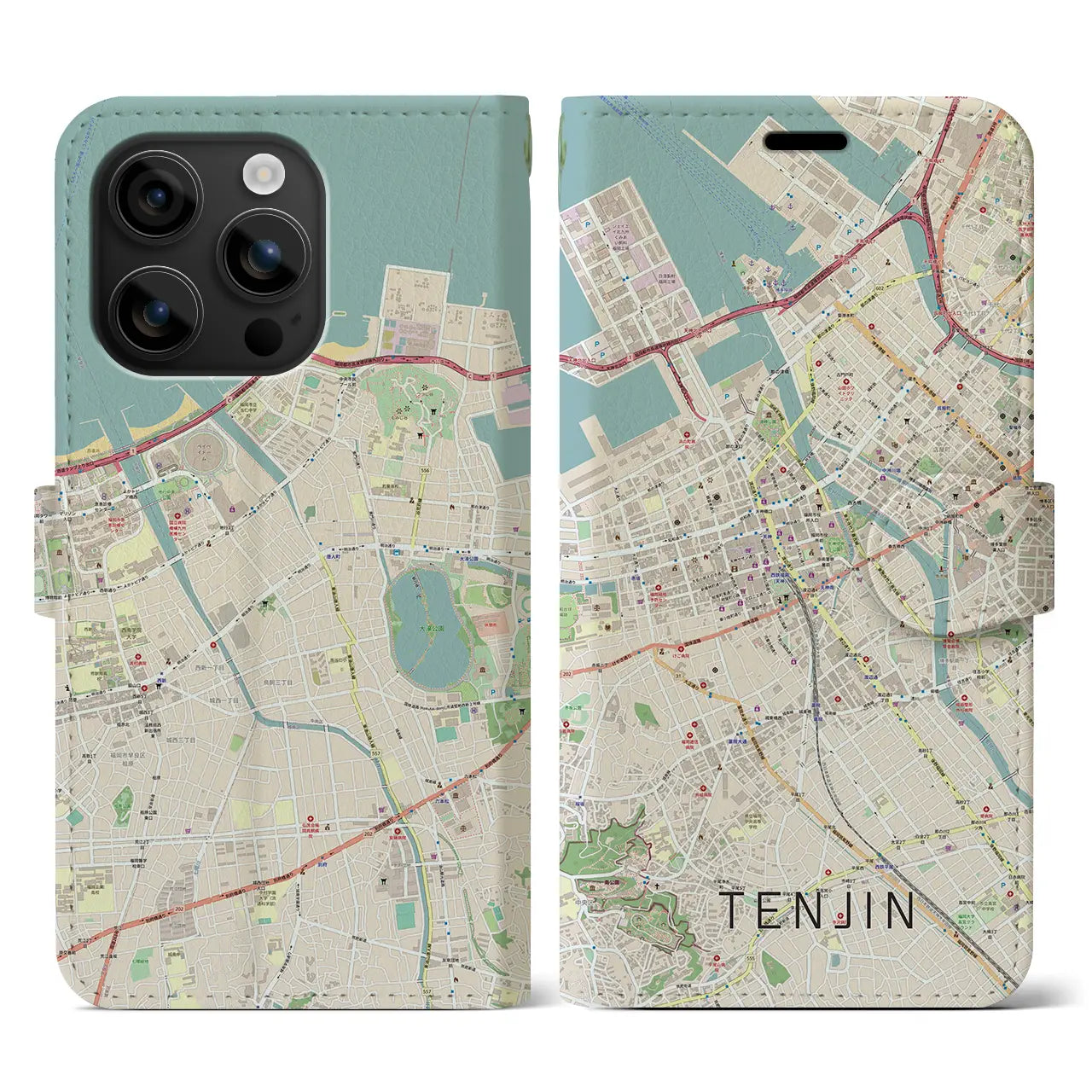 【天神(福岡県)】地図柄iPhoneケース(手帳タイプ)ナチュラル・iPhone 16 用
