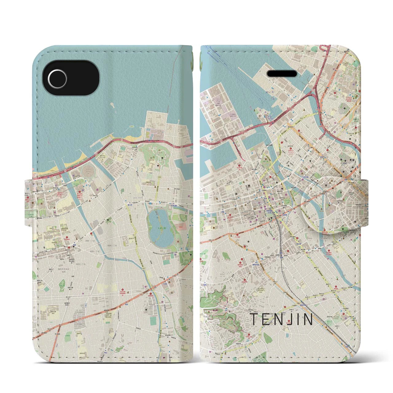 【天神(福岡県)】地図柄iPhoneケース(手帳タイプ)ナチュラル・iPhone SE(第3 / 第2世代) / 8 / 7 / 6s / 6 用