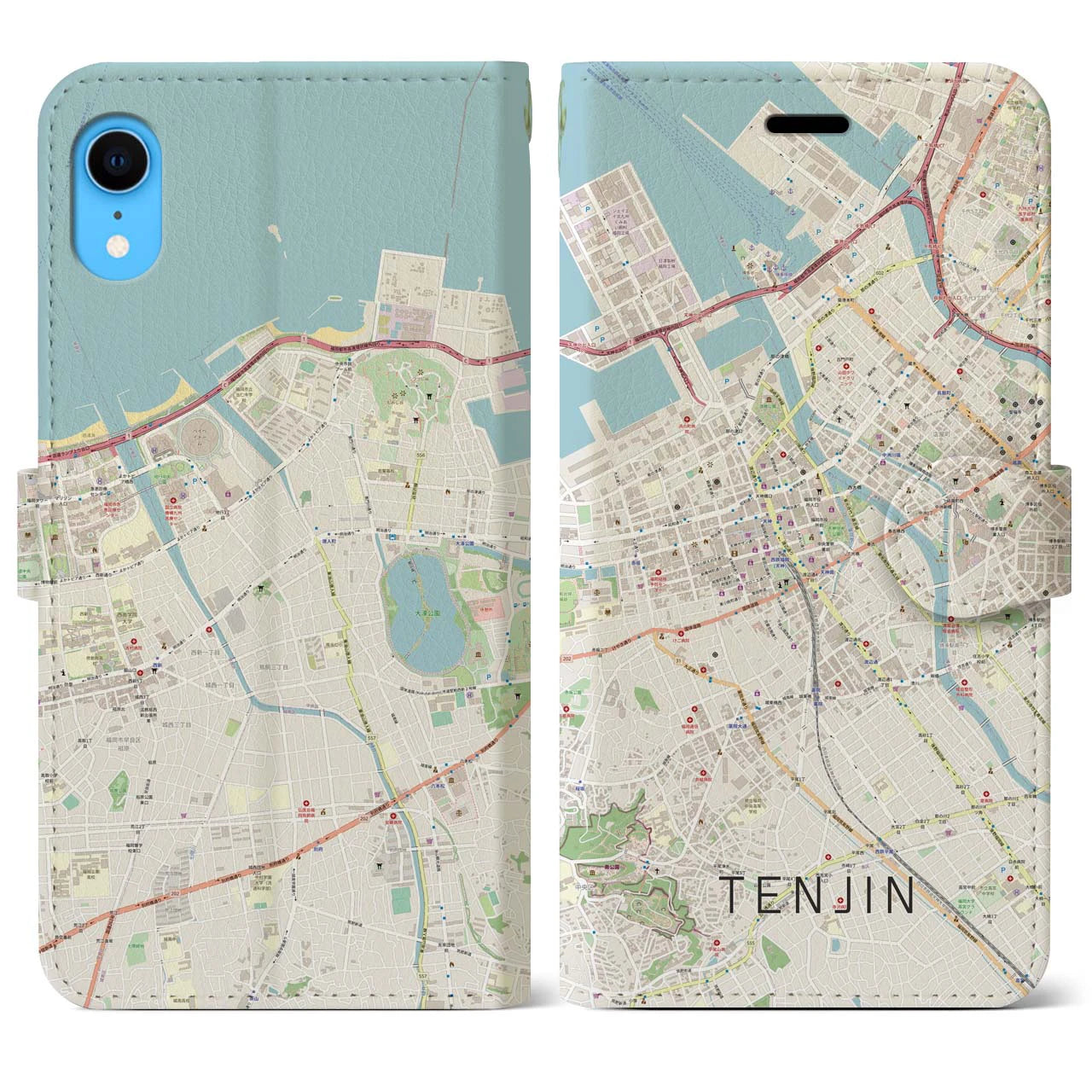 【天神(福岡県)】地図柄iPhoneケース(手帳タイプ)ナチュラル・iPhone XR 用
