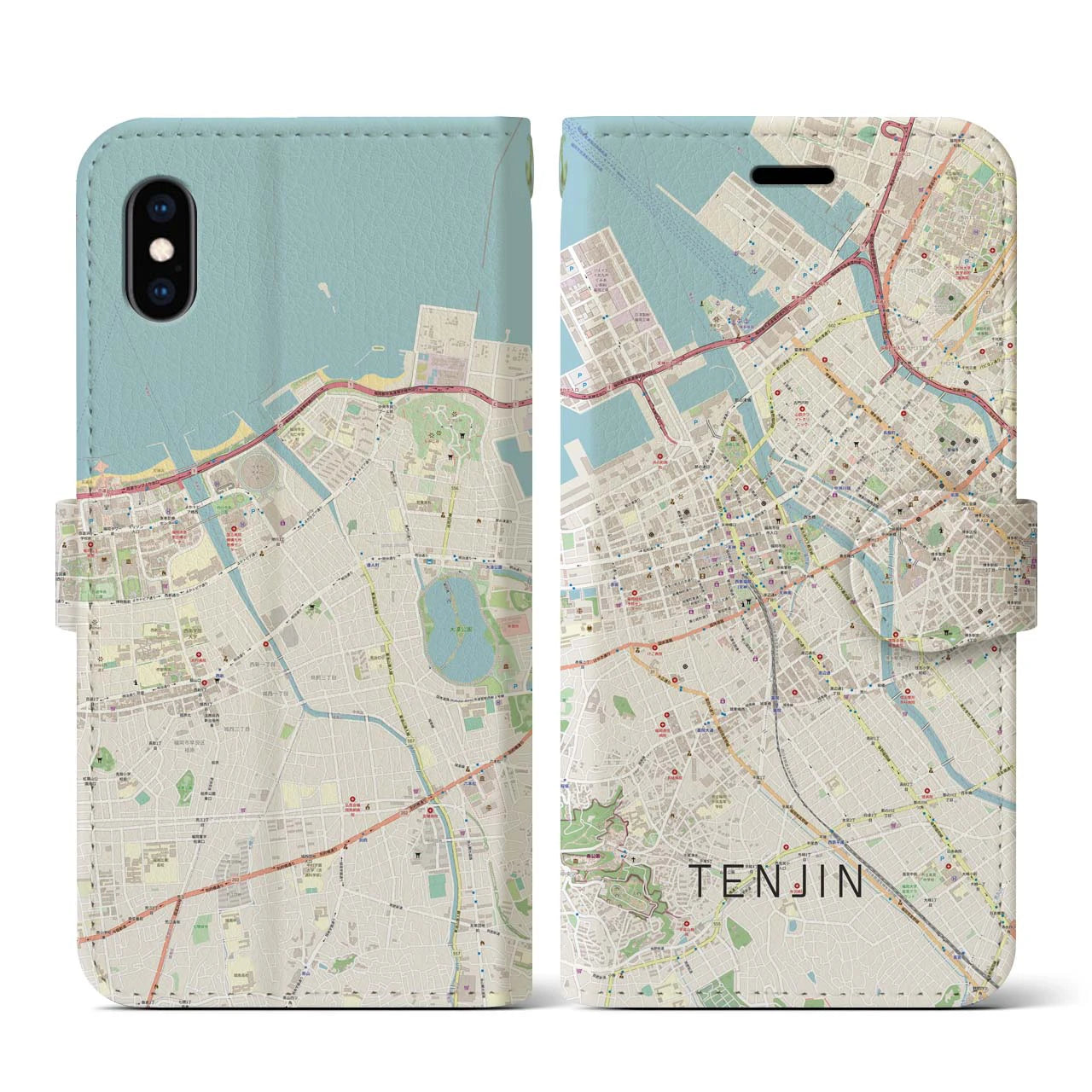 【天神(福岡県)】地図柄iPhoneケース(手帳タイプ)ナチュラル・iPhone XS / X 用
