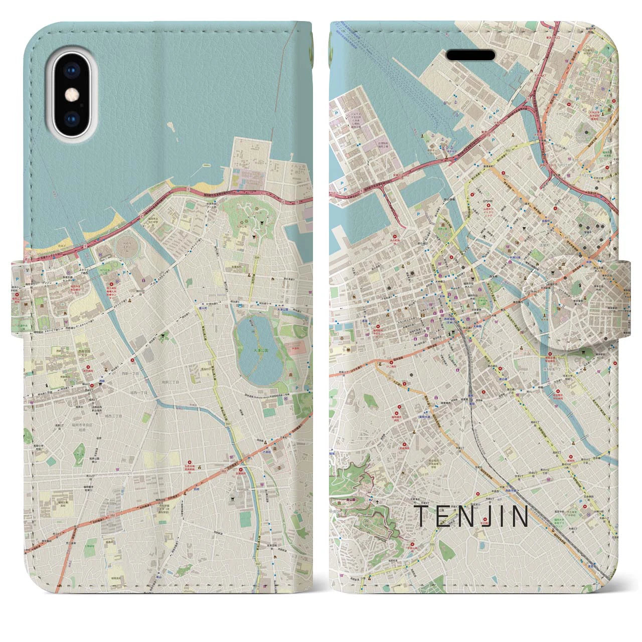 【天神(福岡県)】地図柄iPhoneケース(手帳タイプ)ナチュラル・iPhone XS Max 用