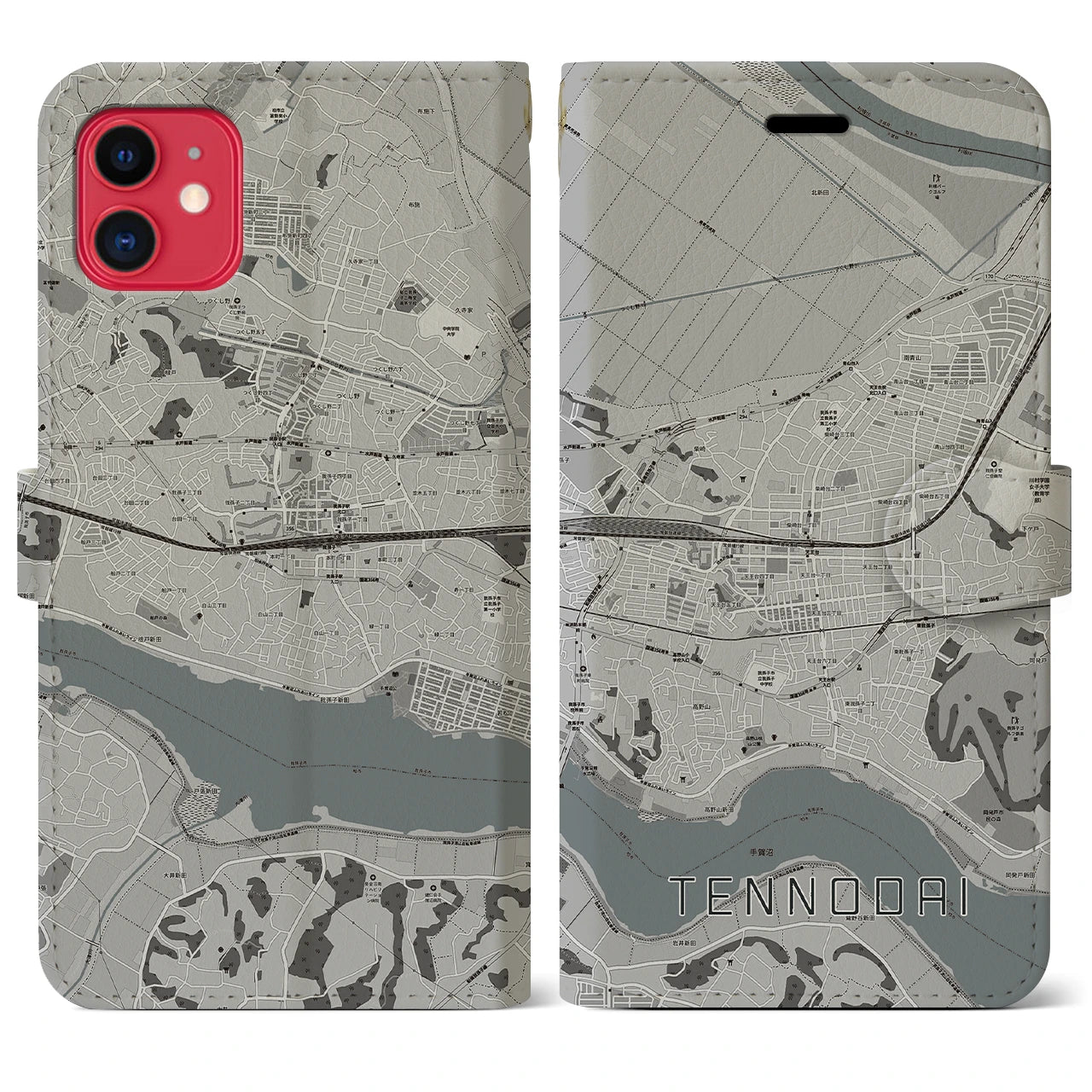 【天王台(千葉県)】地図柄iPhoneケース(手帳タイプ)モノトーン・iPhone 11 用