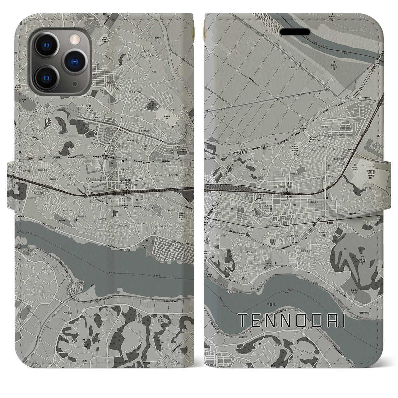 【天王台(千葉県)】地図柄iPhoneケース(手帳タイプ)モノトーン・iPhone 11 Pro Max 用
