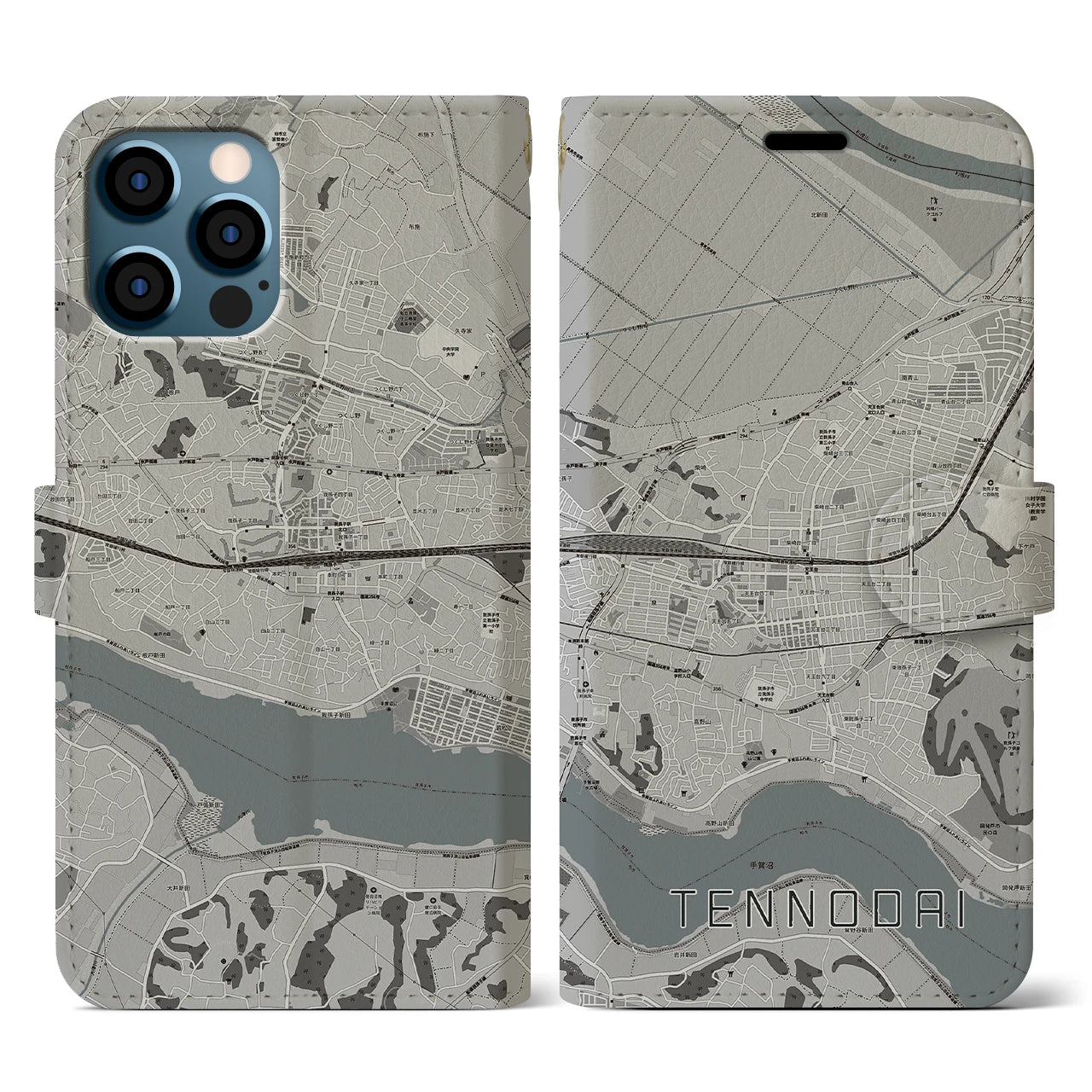 【天王台(千葉県)】地図柄iPhoneケース(手帳タイプ)モノトーン・iPhone 12 / 12 Pro 用