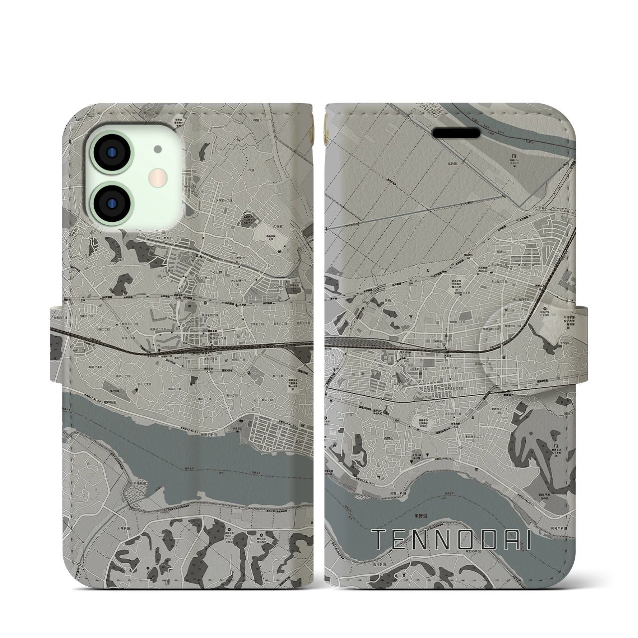 【天王台(千葉県)】地図柄iPhoneケース(手帳タイプ)モノトーン・iPhone 12 mini 用