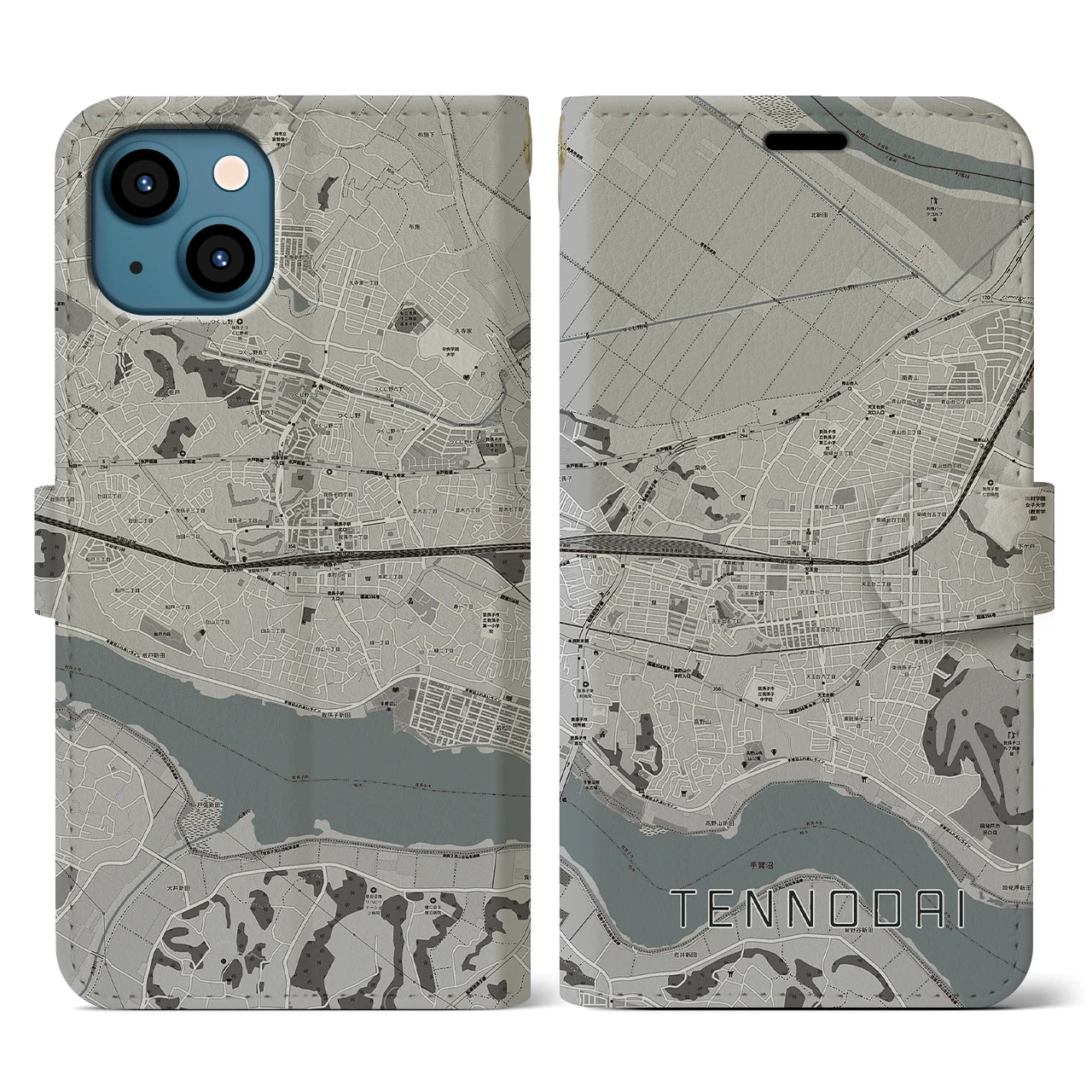 【天王台(千葉県)】地図柄iPhoneケース(手帳タイプ)モノトーン・iPhone 13 用
