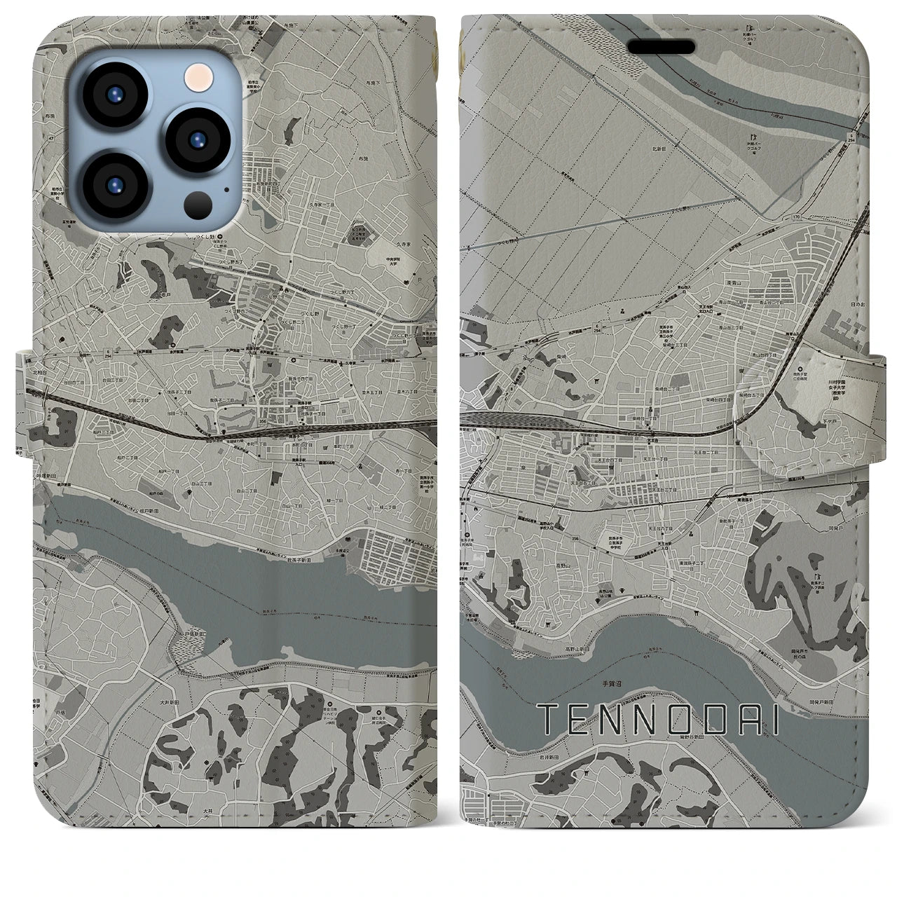 【天王台(千葉県)】地図柄iPhoneケース(手帳タイプ)モノトーン・iPhone 13 Pro Max 用