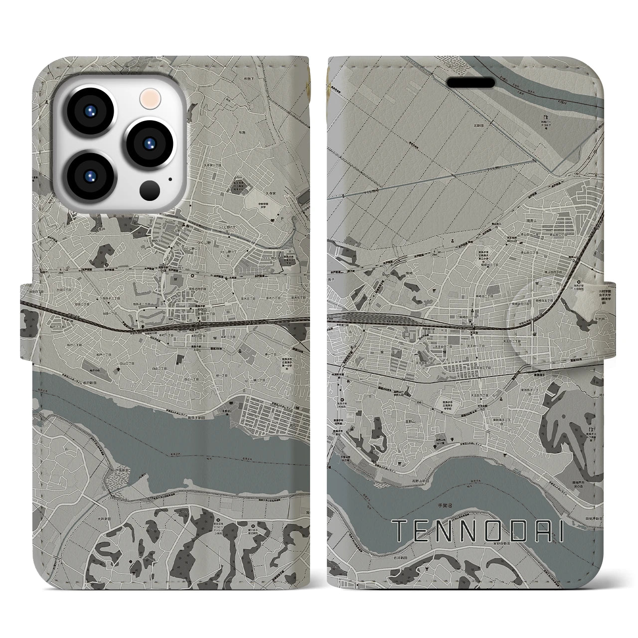 【天王台(千葉県)】地図柄iPhoneケース(手帳タイプ)モノトーン・iPhone 13 Pro 用