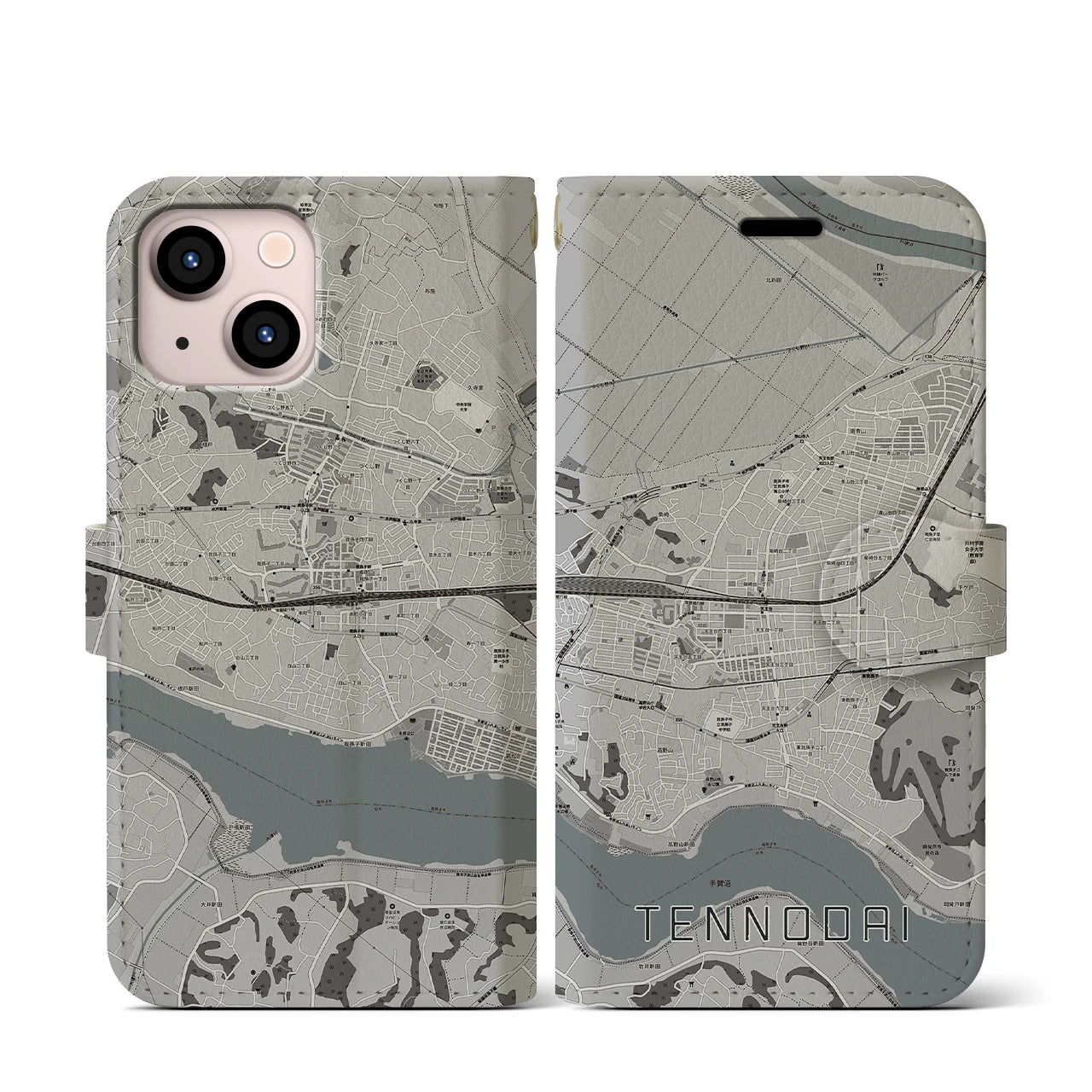 【天王台(千葉県)】地図柄iPhoneケース(手帳タイプ)モノトーン・iPhone 13 mini 用