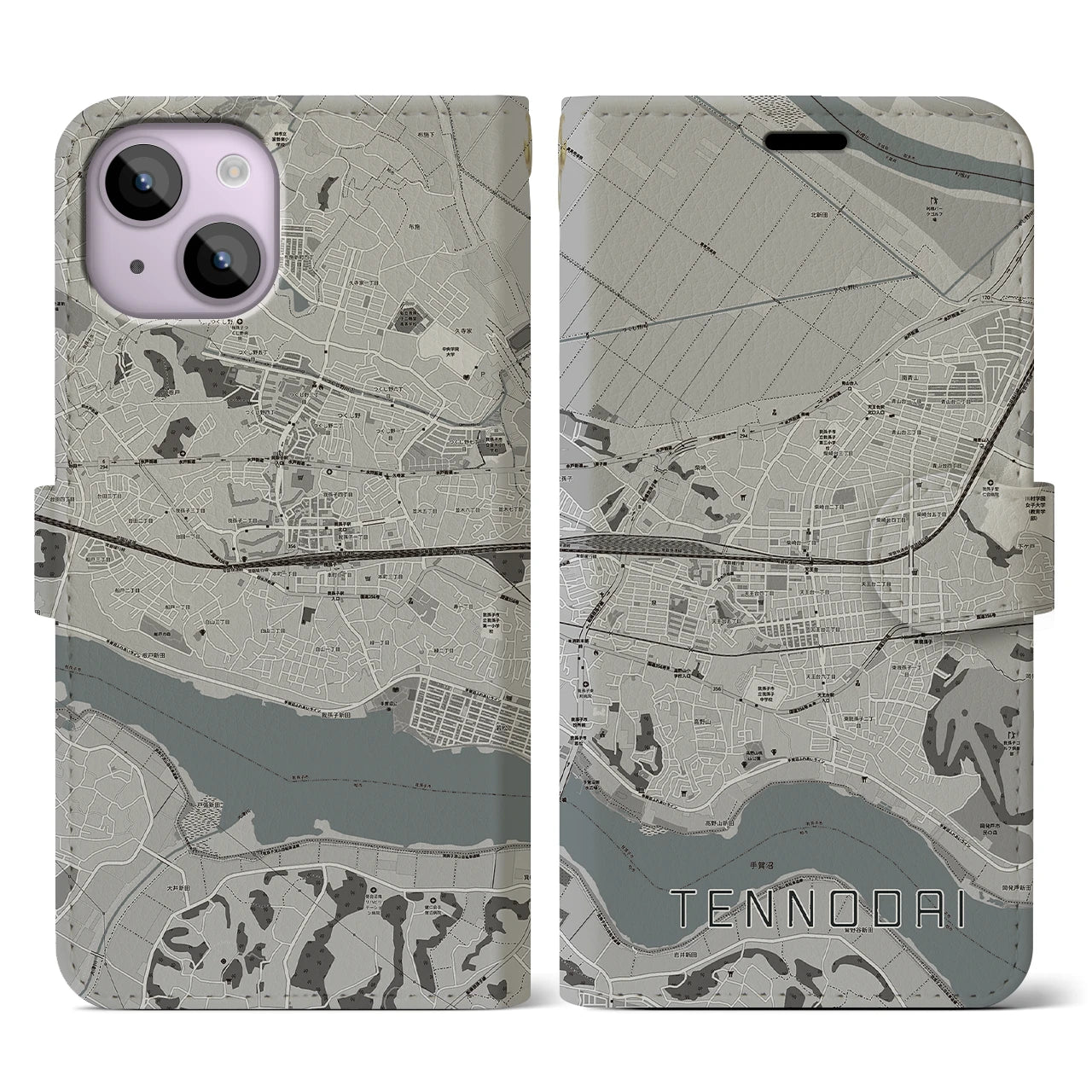 【天王台(千葉県)】地図柄iPhoneケース(手帳タイプ)モノトーン・iPhone 14 用