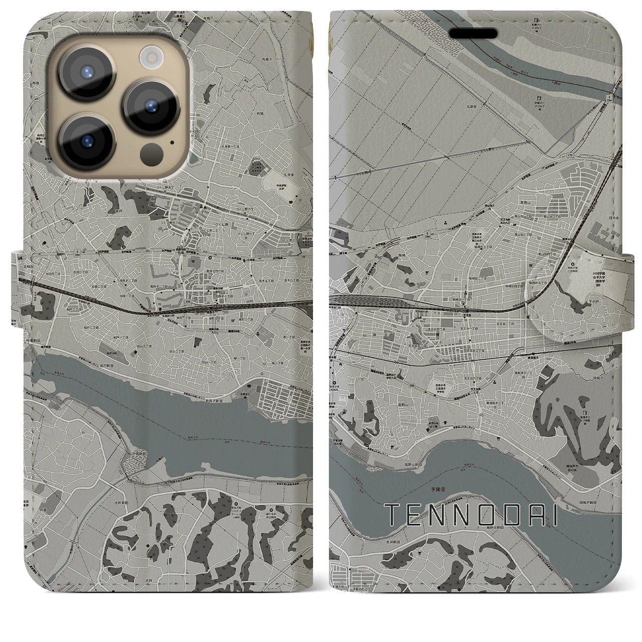 【天王台(千葉県)】地図柄iPhoneケース(手帳タイプ)モノトーン・iPhone 14 Pro Max 用