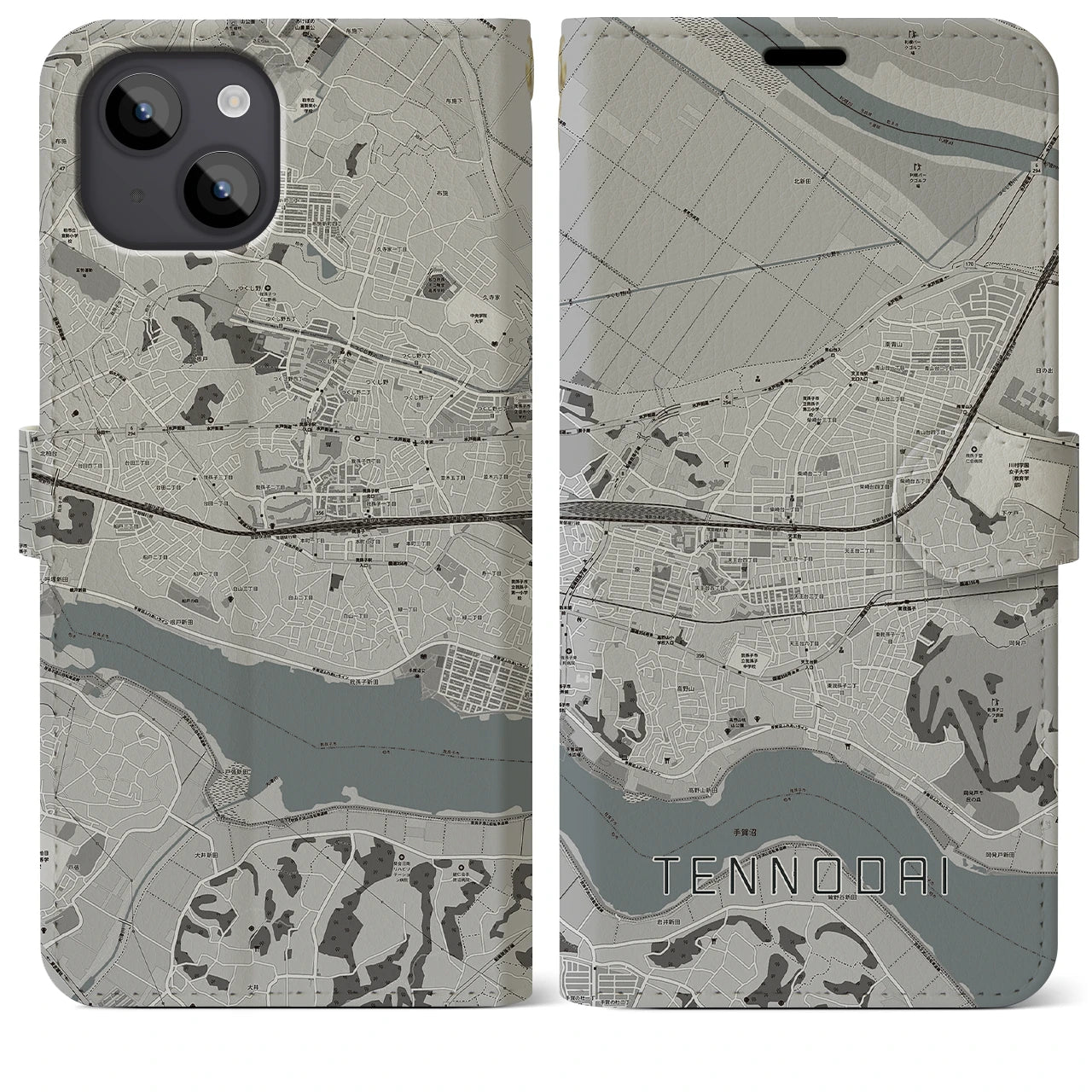 【天王台(千葉県)】地図柄iPhoneケース(手帳タイプ)モノトーン・iPhone 14 Plus 用