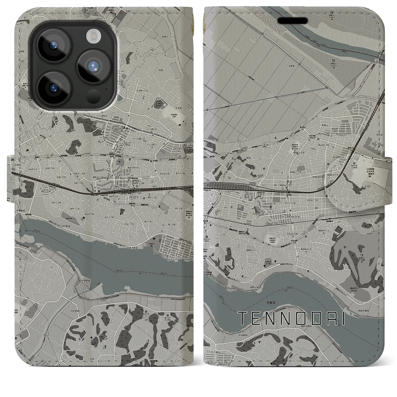 【天王台(千葉県)】地図柄iPhoneケース(手帳タイプ)モノトーン・iPhone 15 Pro Max 用