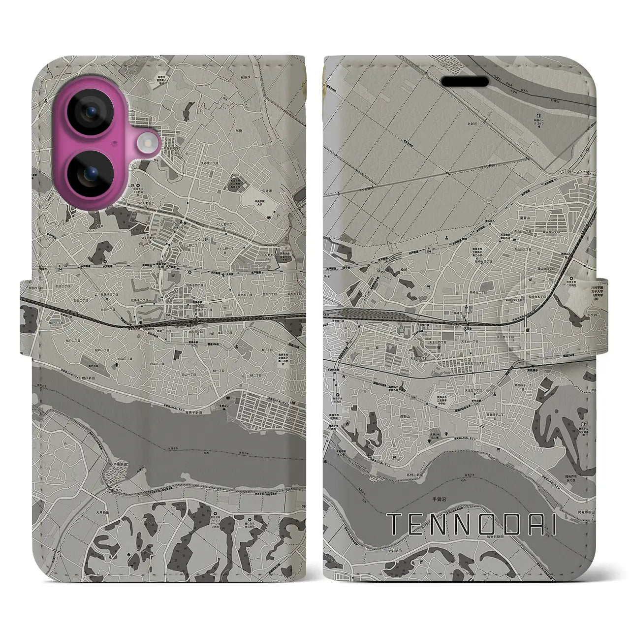【天王台(千葉県)】地図柄iPhoneケース(手帳タイプ)モノトーン・iPhone 16 Pro 用
