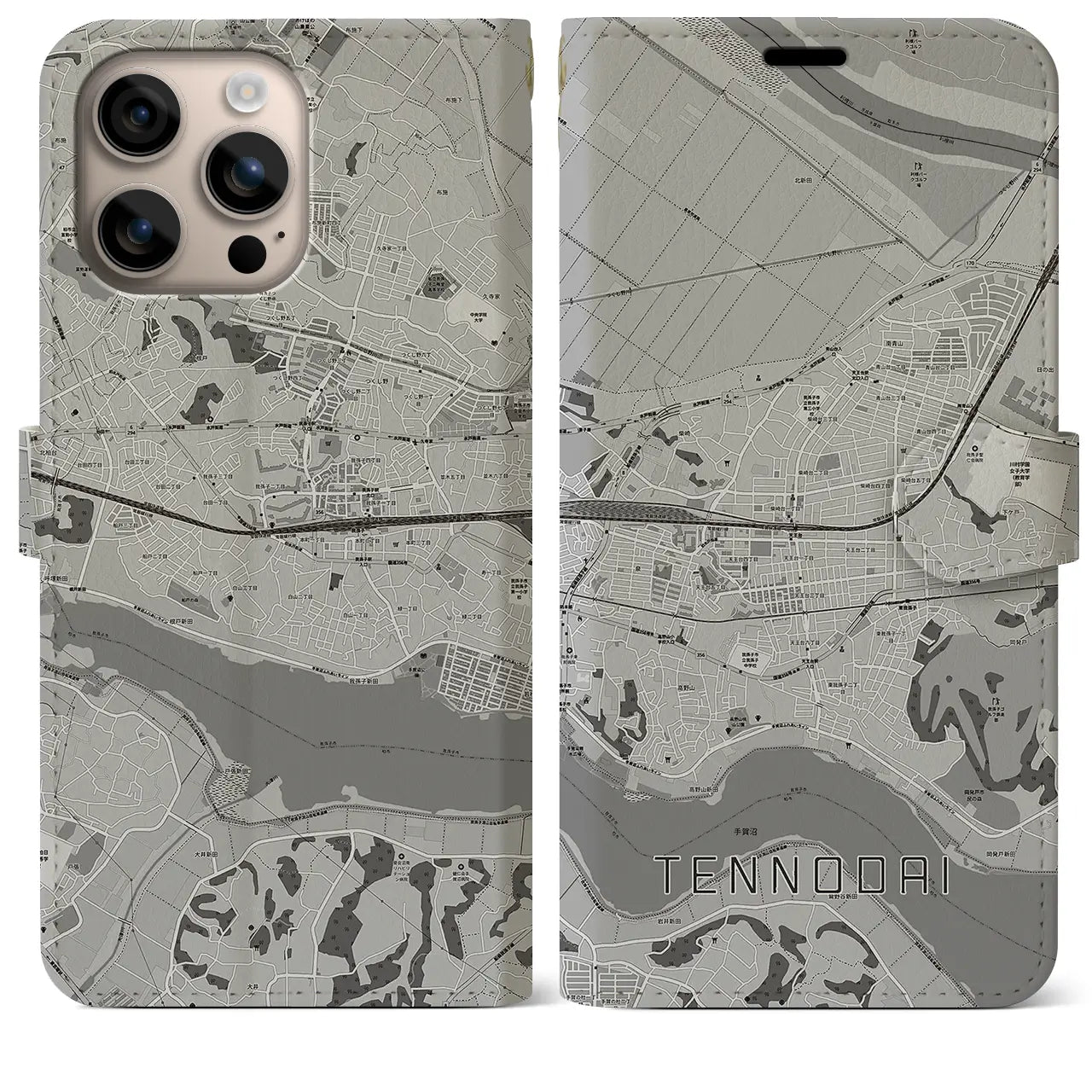 【天王台(千葉県)】地図柄iPhoneケース(手帳タイプ)モノトーン・iPhone 16 Plus 用