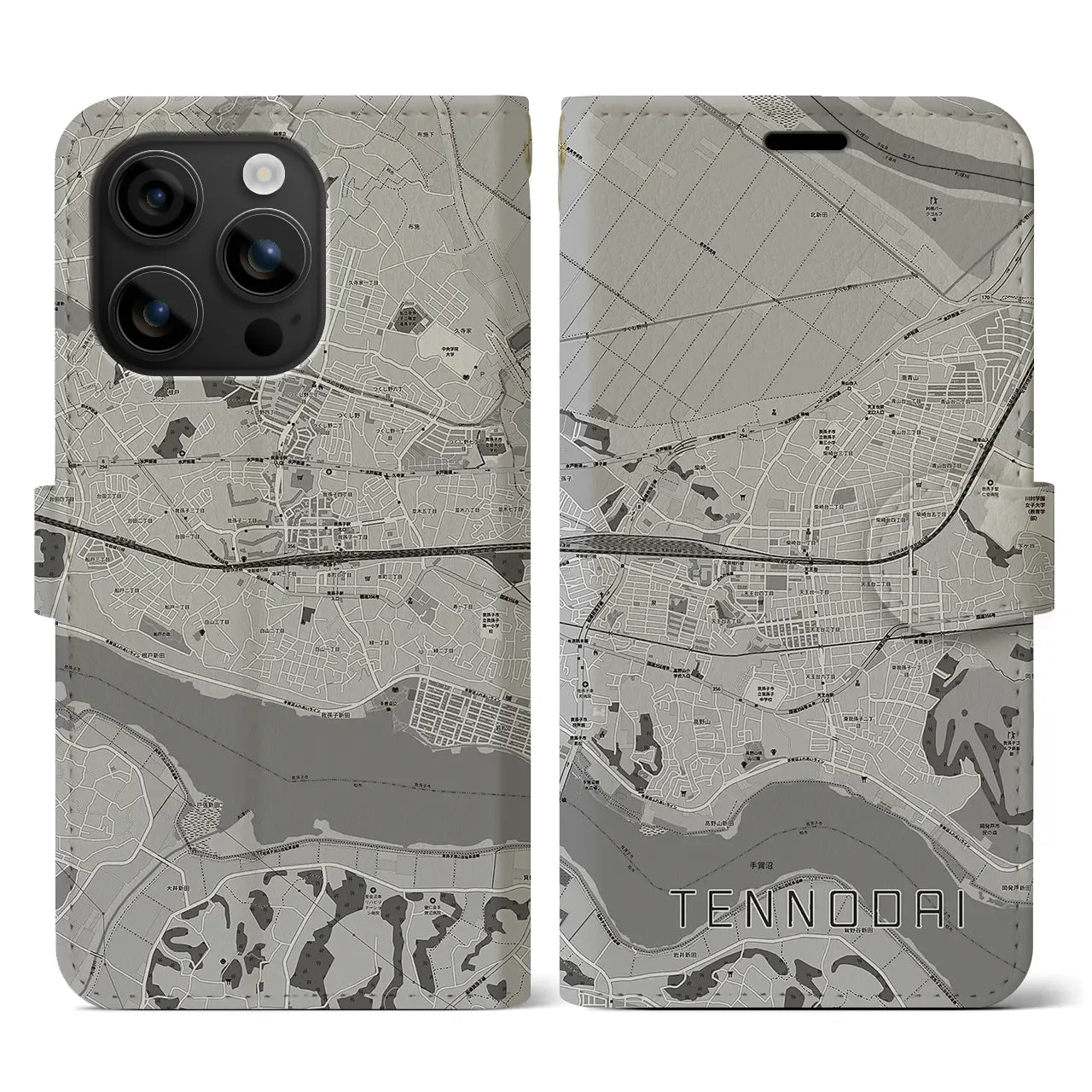 【天王台(千葉県)】地図柄iPhoneケース(手帳タイプ)モノトーン・iPhone 16 用