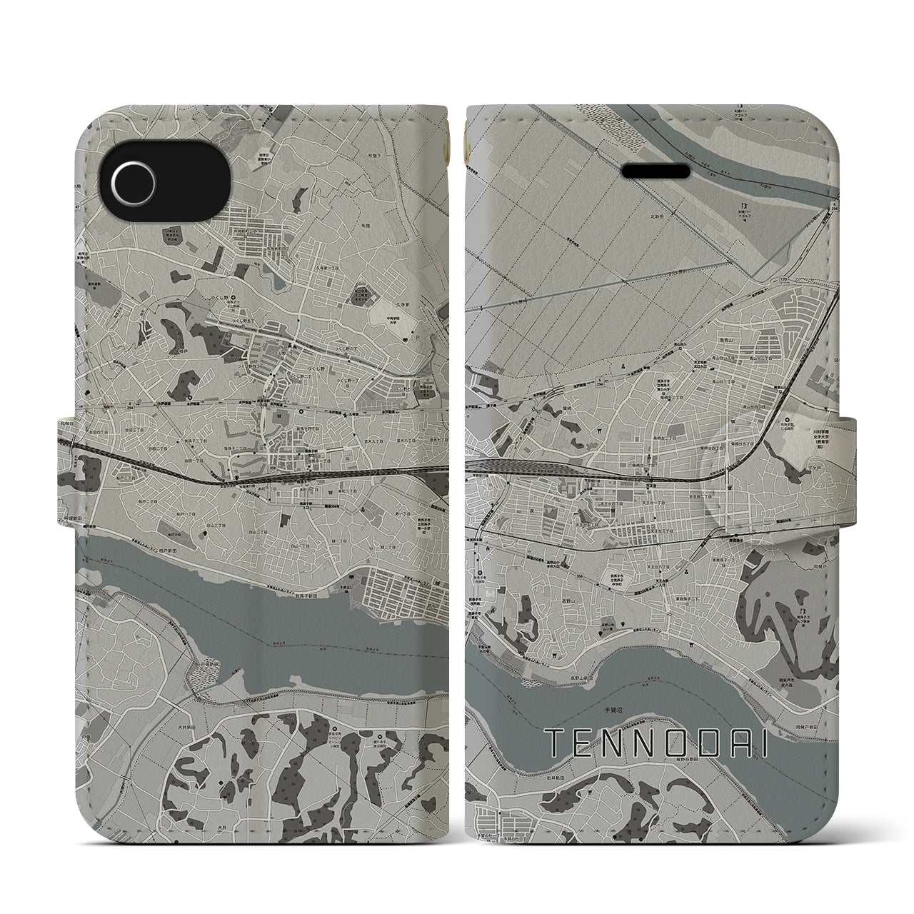 【天王台(千葉県)】地図柄iPhoneケース(手帳タイプ)モノトーン・iPhone SE(第3 / 第2世代) / 8 / 7 / 6s / 6 用