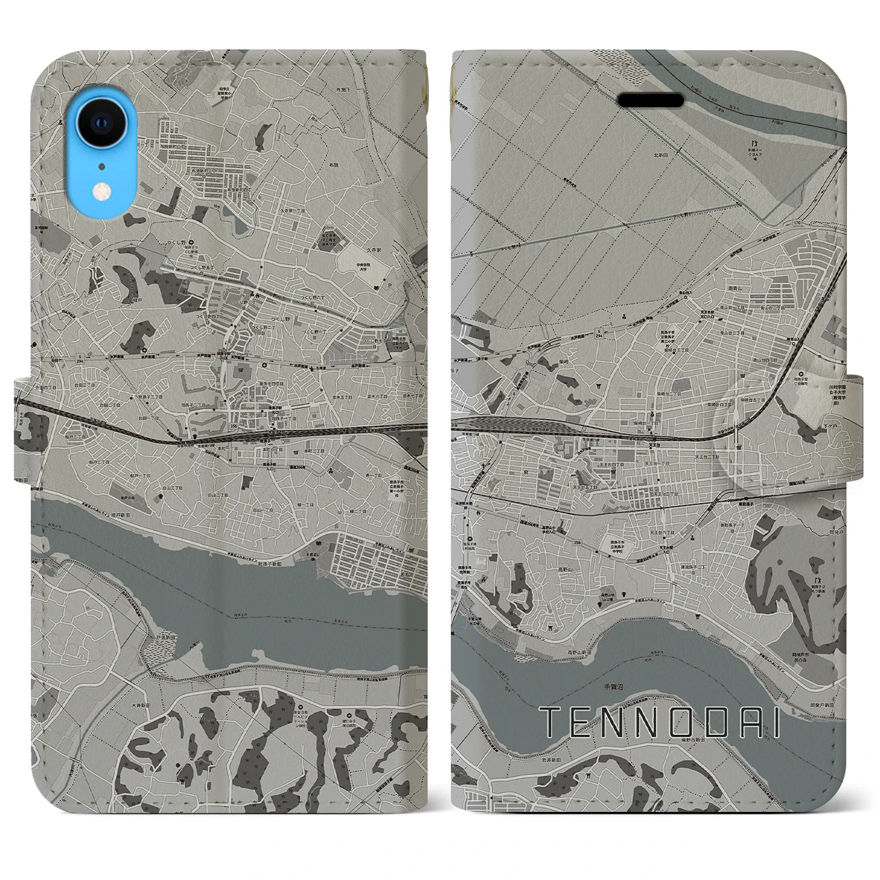 【天王台(千葉県)】地図柄iPhoneケース(手帳タイプ)モノトーン・iPhone XR 用