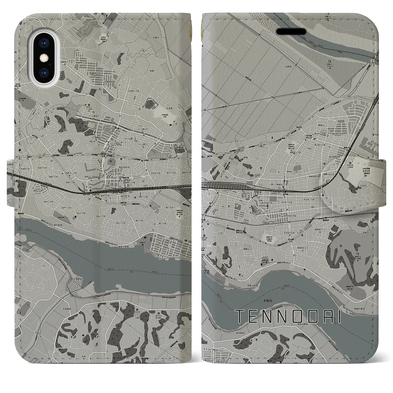 【天王台(千葉県)】地図柄iPhoneケース(手帳タイプ)モノトーン・iPhone XS Max 用