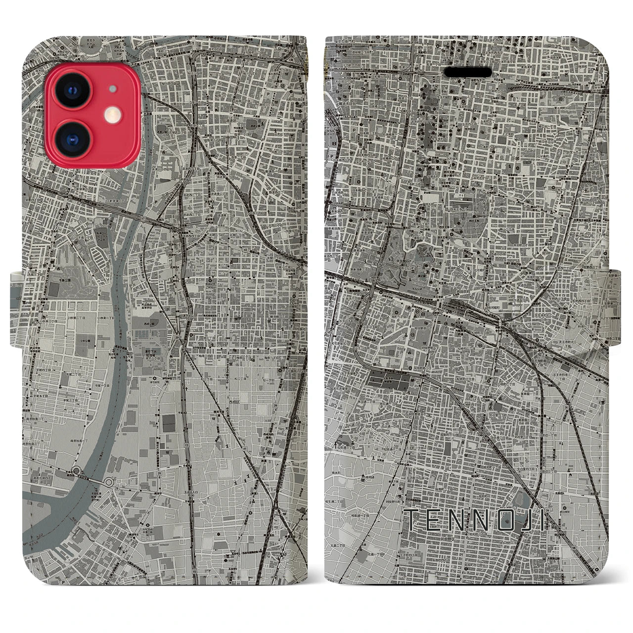 【天王寺(大阪府)】地図柄iPhoneケース(手帳タイプ)モノトーン・iPhone 11 用