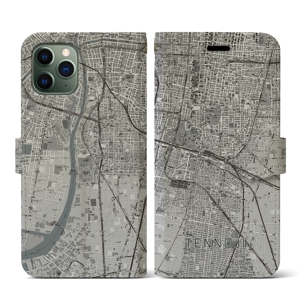 【天王寺(大阪府)】地図柄iPhoneケース(手帳タイプ)モノトーン・iPhone 11 Pro 用