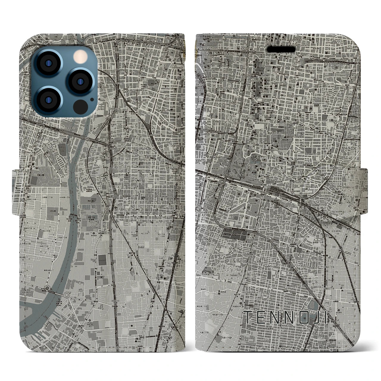 【天王寺(大阪府)】地図柄iPhoneケース(手帳タイプ)モノトーン・iPhone 12 / 12 Pro 用