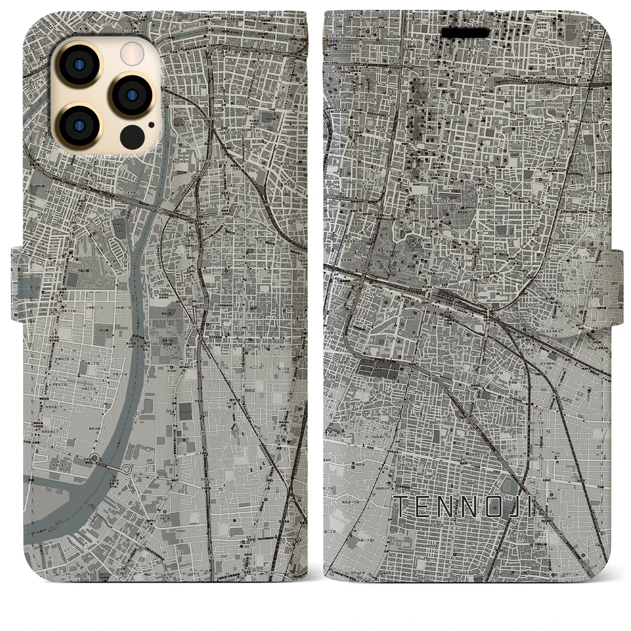 【天王寺(大阪府)】地図柄iPhoneケース(手帳タイプ)モノトーン・iPhone 12 Pro Max 用