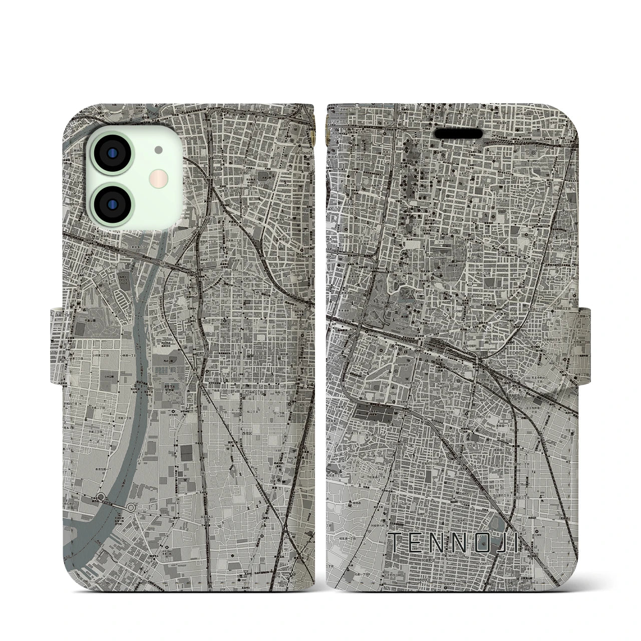 【天王寺(大阪府)】地図柄iPhoneケース(手帳タイプ)モノトーン・iPhone 12 mini 用