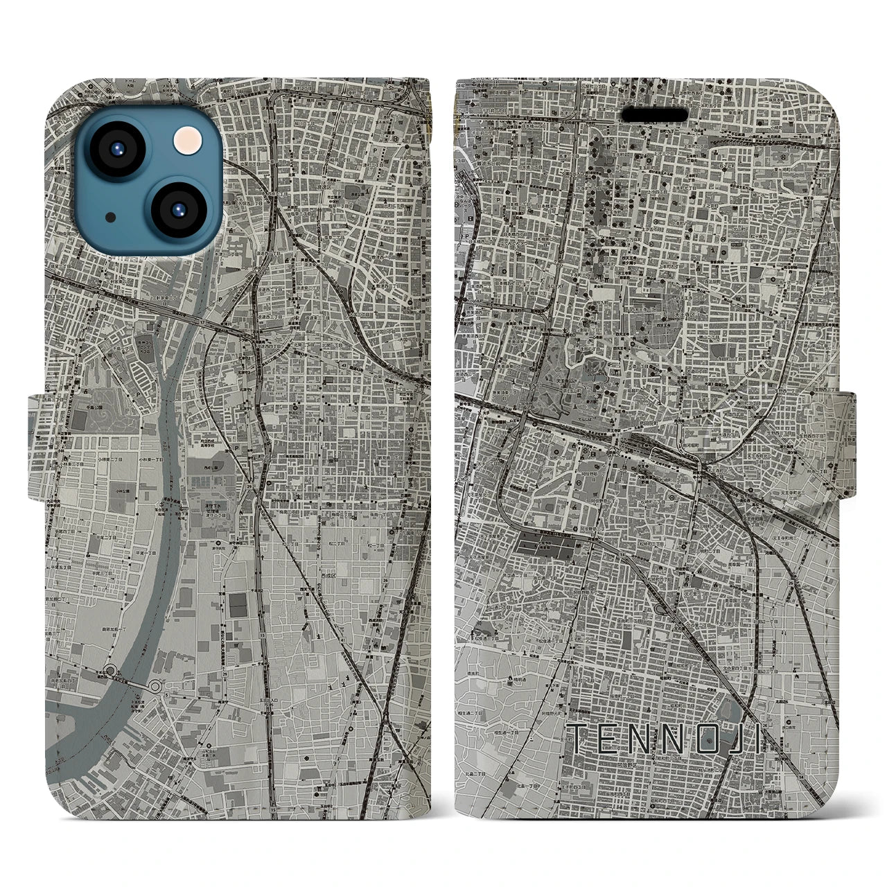 【天王寺(大阪府)】地図柄iPhoneケース(手帳タイプ)モノトーン・iPhone 13 用