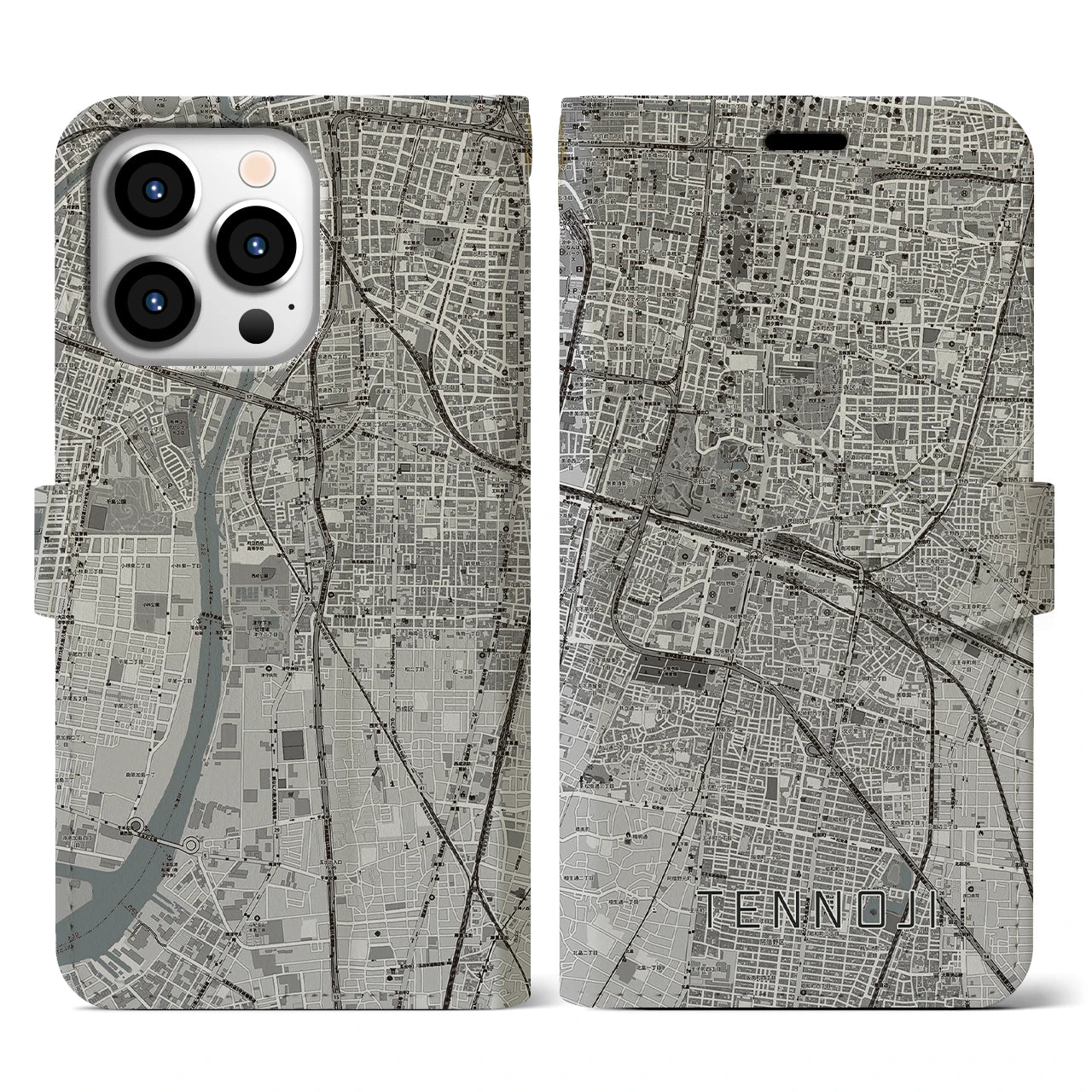 【天王寺(大阪府)】地図柄iPhoneケース(手帳タイプ)モノトーン・iPhone 13 Pro 用