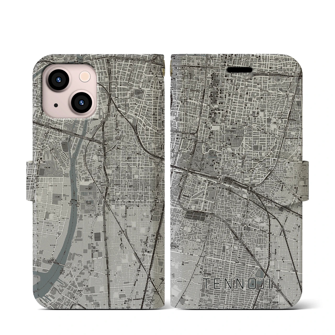 【天王寺(大阪府)】地図柄iPhoneケース(手帳タイプ)モノトーン・iPhone 13 mini 用