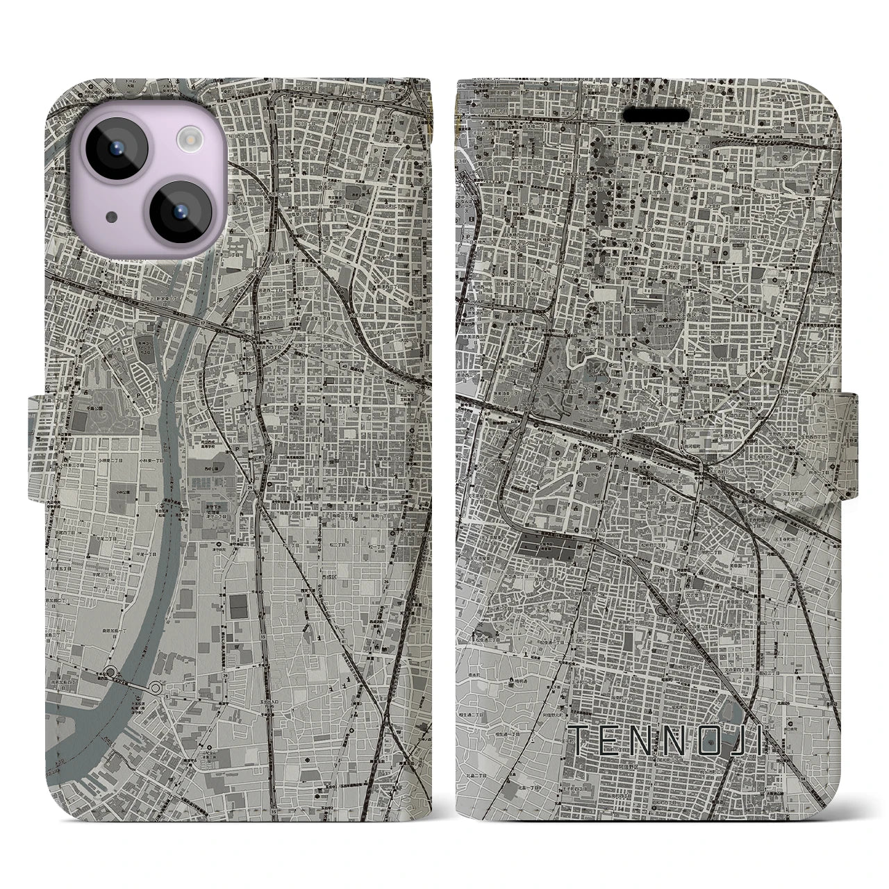 【天王寺(大阪府)】地図柄iPhoneケース(手帳タイプ)モノトーン・iPhone 14 用
