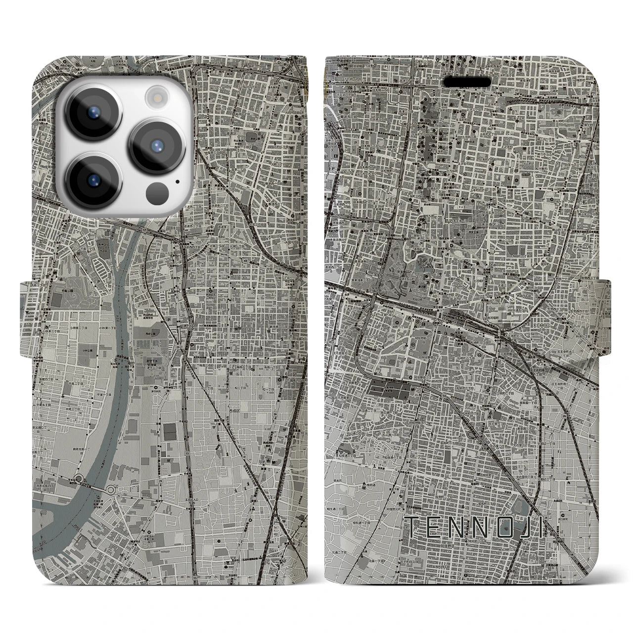 【天王寺(大阪府)】地図柄iPhoneケース(手帳タイプ)モノトーン・iPhone 14 Pro 用