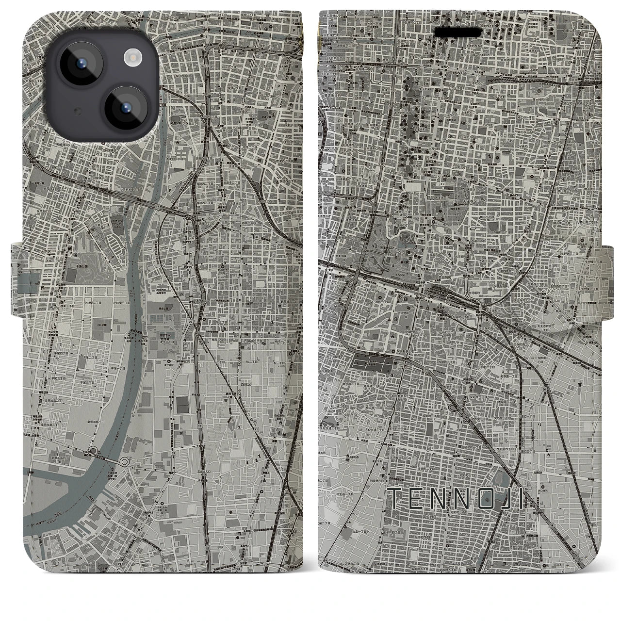 【天王寺(大阪府)】地図柄iPhoneケース(手帳タイプ)モノトーン・iPhone 14 Plus 用