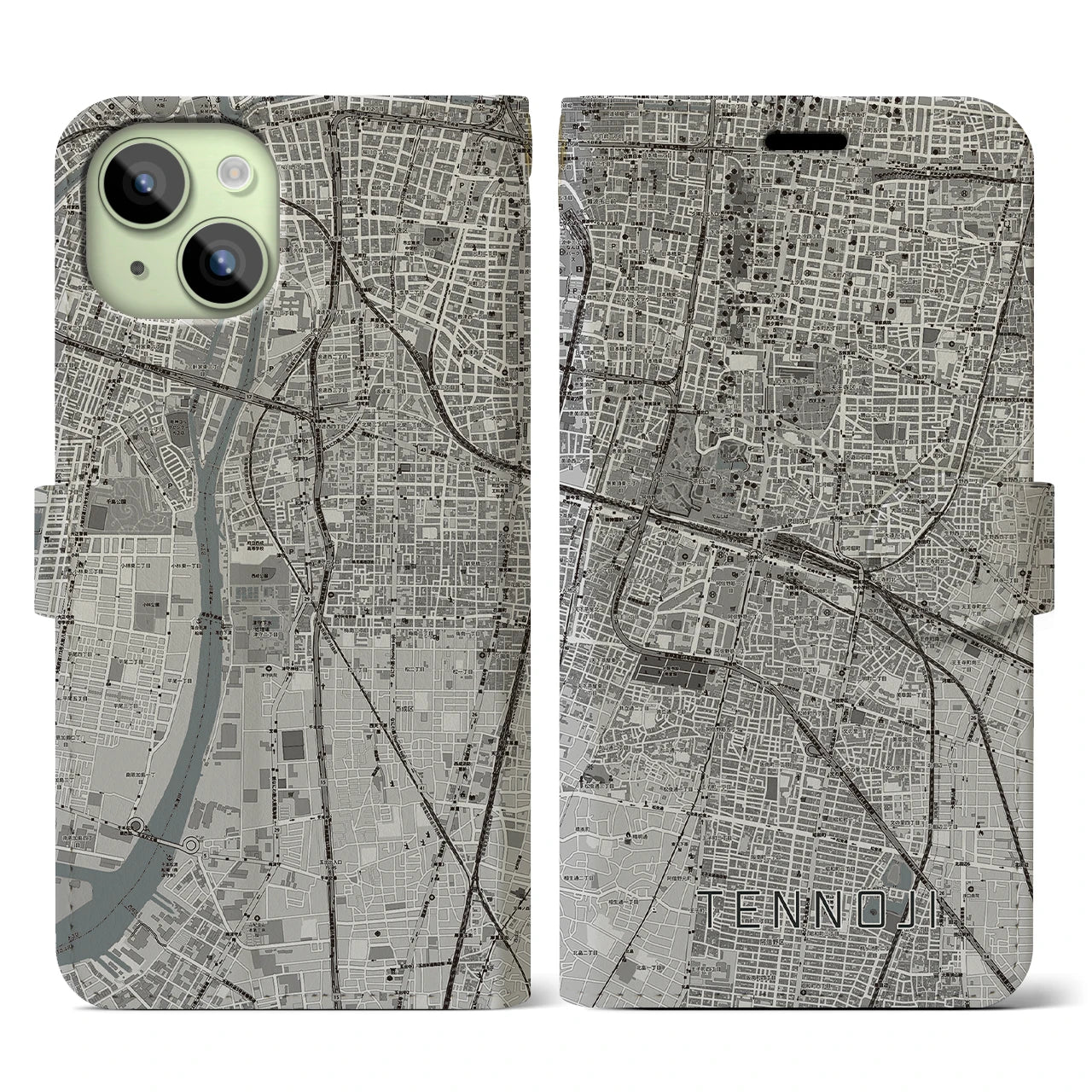 【天王寺(大阪府)】地図柄iPhoneケース(手帳タイプ)モノトーン・iPhone 15 用