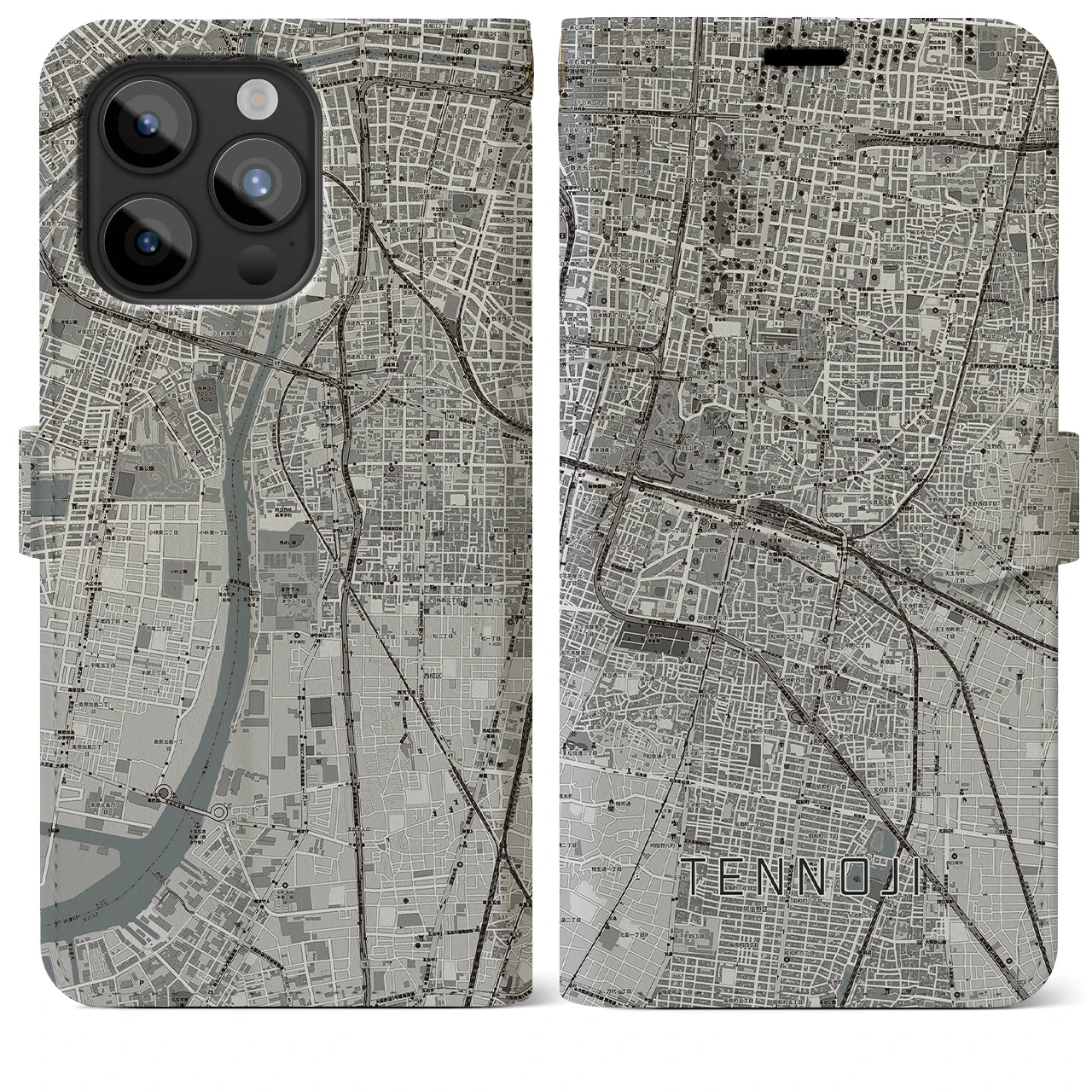 【天王寺(大阪府)】地図柄iPhoneケース(手帳タイプ)モノトーン・iPhone 15 Pro Max 用
