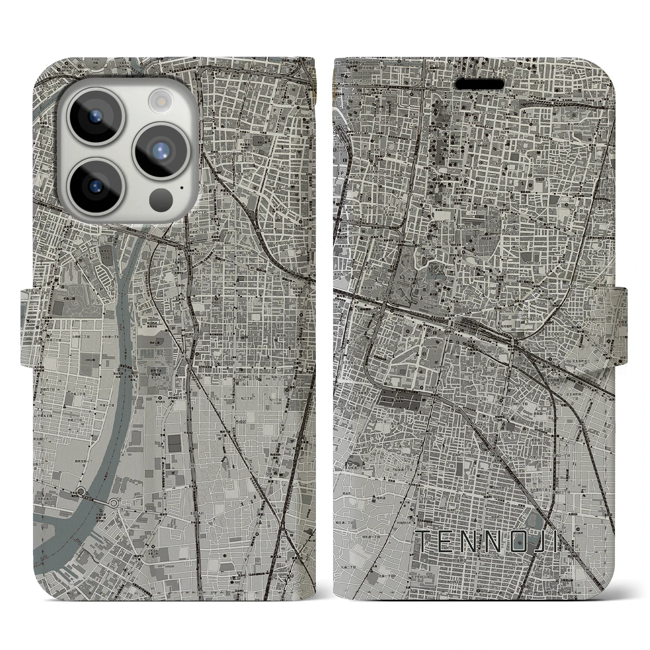 【天王寺(大阪府)】地図柄iPhoneケース(手帳タイプ)モノトーン・iPhone 15 Pro 用