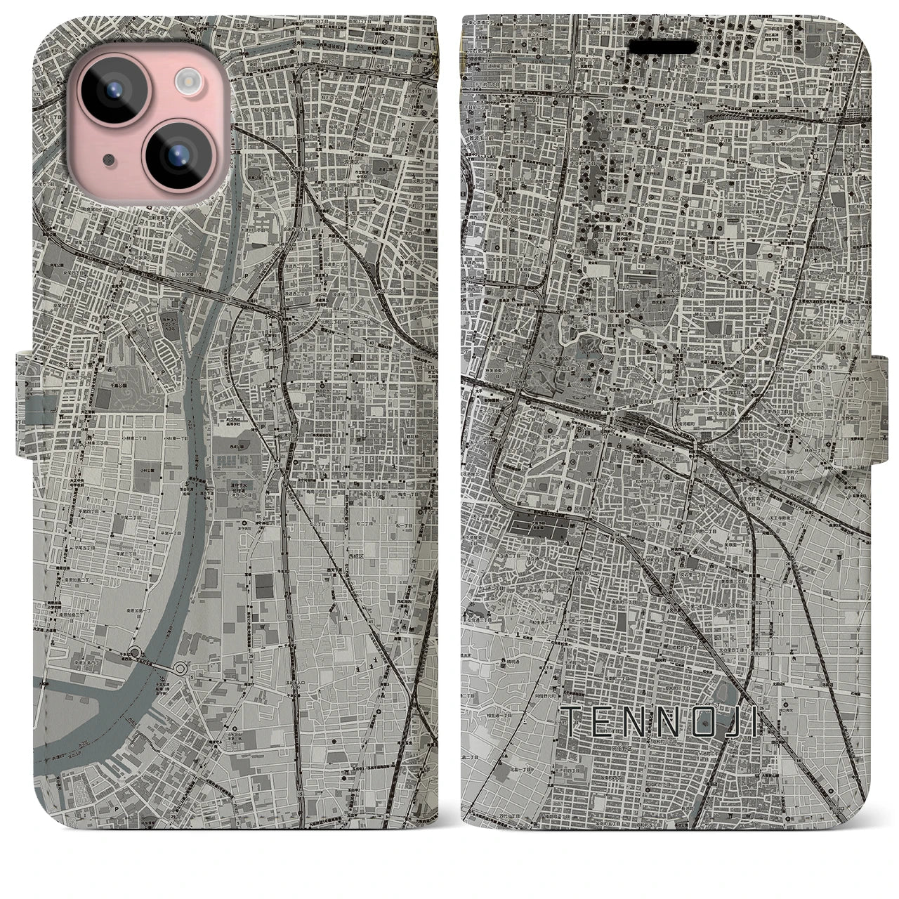 【天王寺(大阪府)】地図柄iPhoneケース(手帳タイプ)モノトーン・iPhone 15 Plus 用