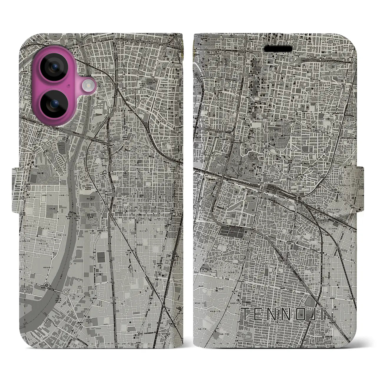 【天王寺(大阪府)】地図柄iPhoneケース(手帳タイプ)モノトーン・iPhone 16 Pro 用