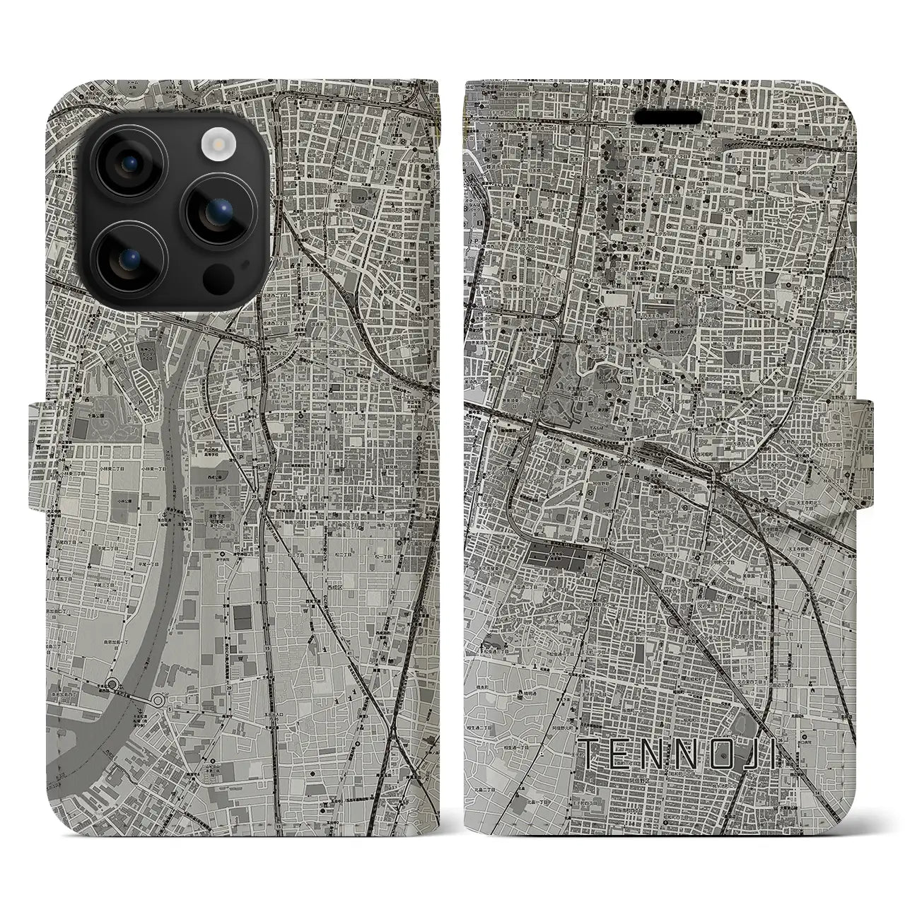 【天王寺(大阪府)】地図柄iPhoneケース(手帳タイプ)モノトーン・iPhone 16 用