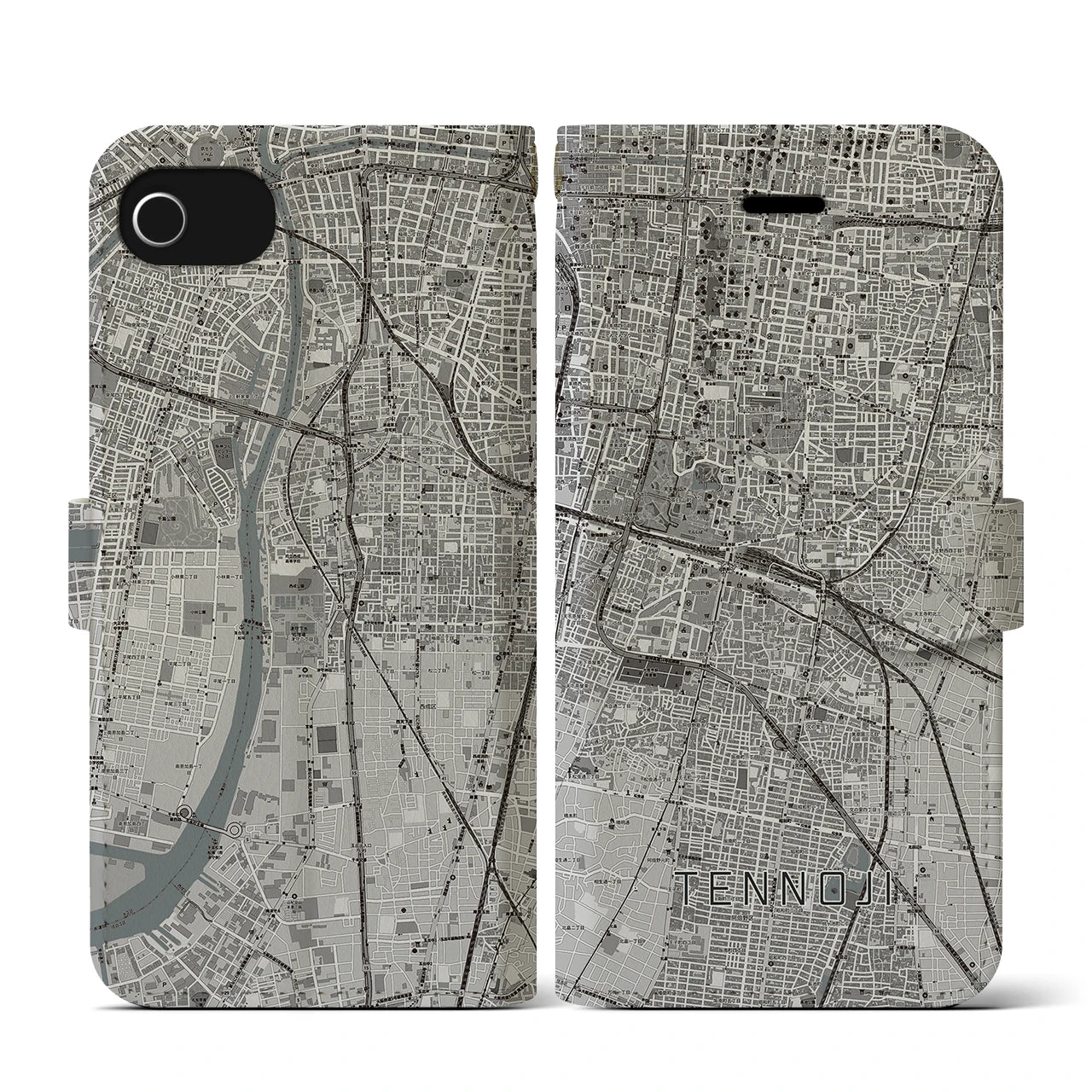 【天王寺(大阪府)】地図柄iPhoneケース(手帳タイプ)モノトーン・iPhone SE(第3 / 第2世代) / 8 / 7 / 6s / 6 用