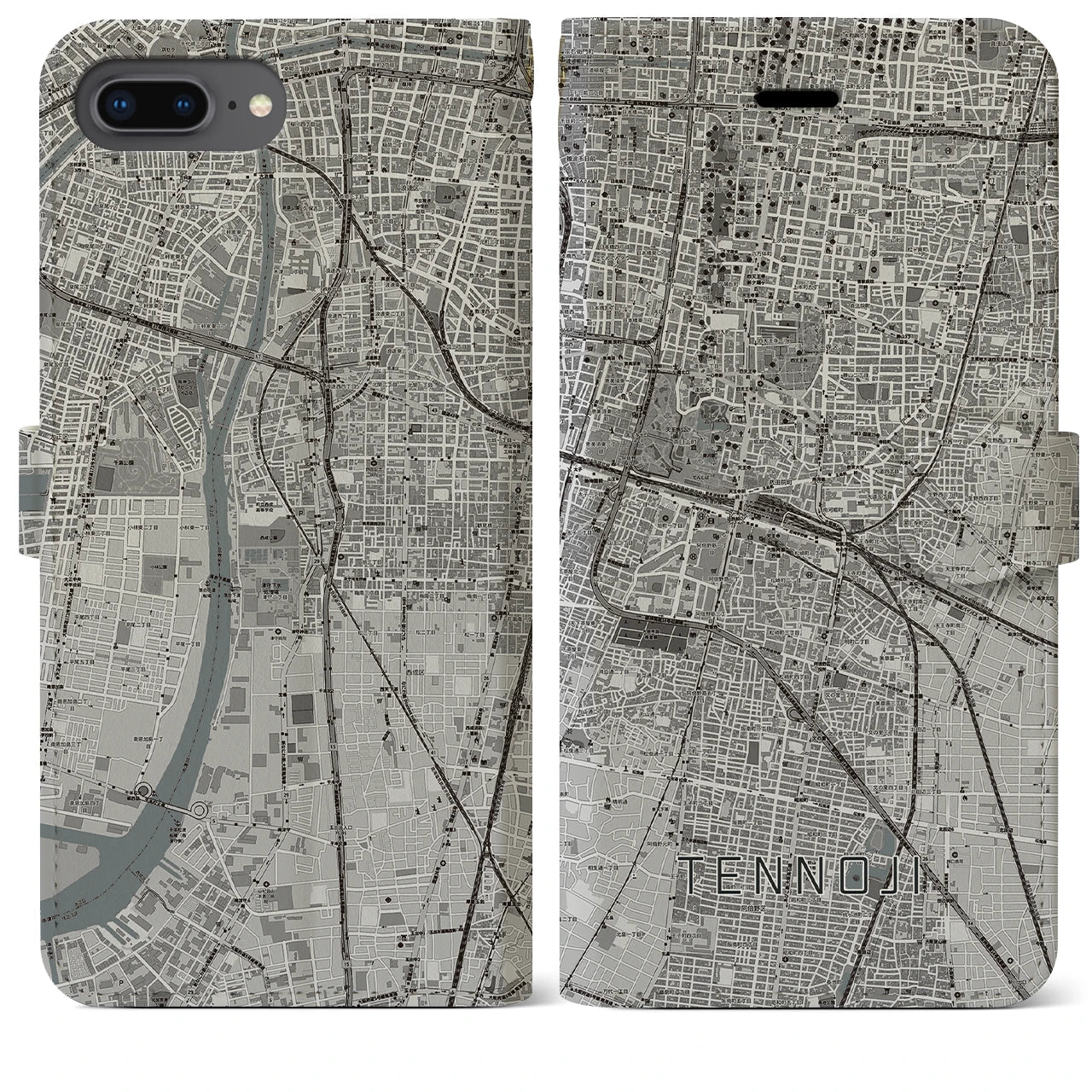 【天王寺(大阪府)】地図柄iPhoneケース(手帳タイプ)モノトーン・iPhone 8Plus /7Plus / 6sPlus / 6Plus 用